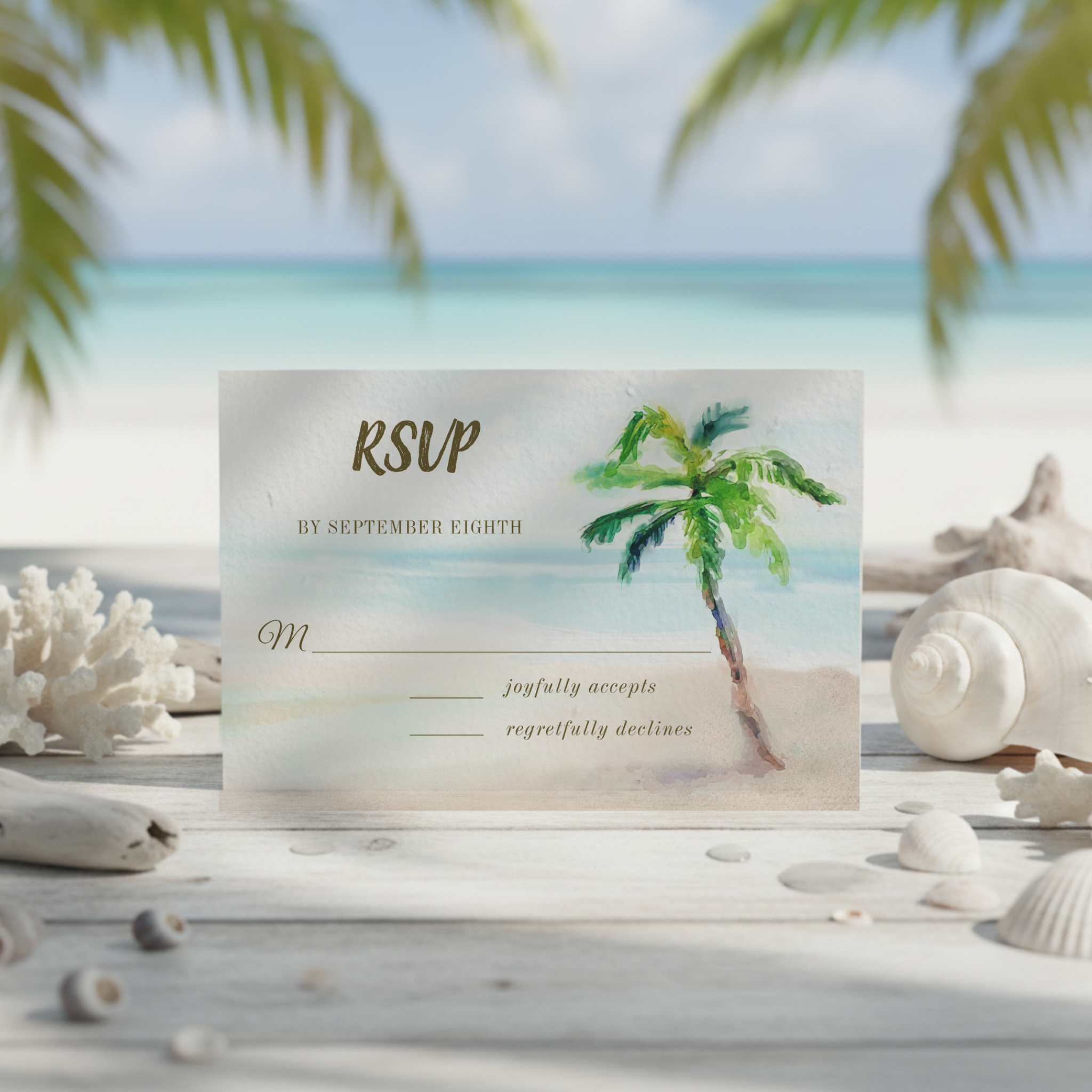 Palm tree RSVP card with a watercolor beach scene, offering a breezy, coordinated way for guests to reply.