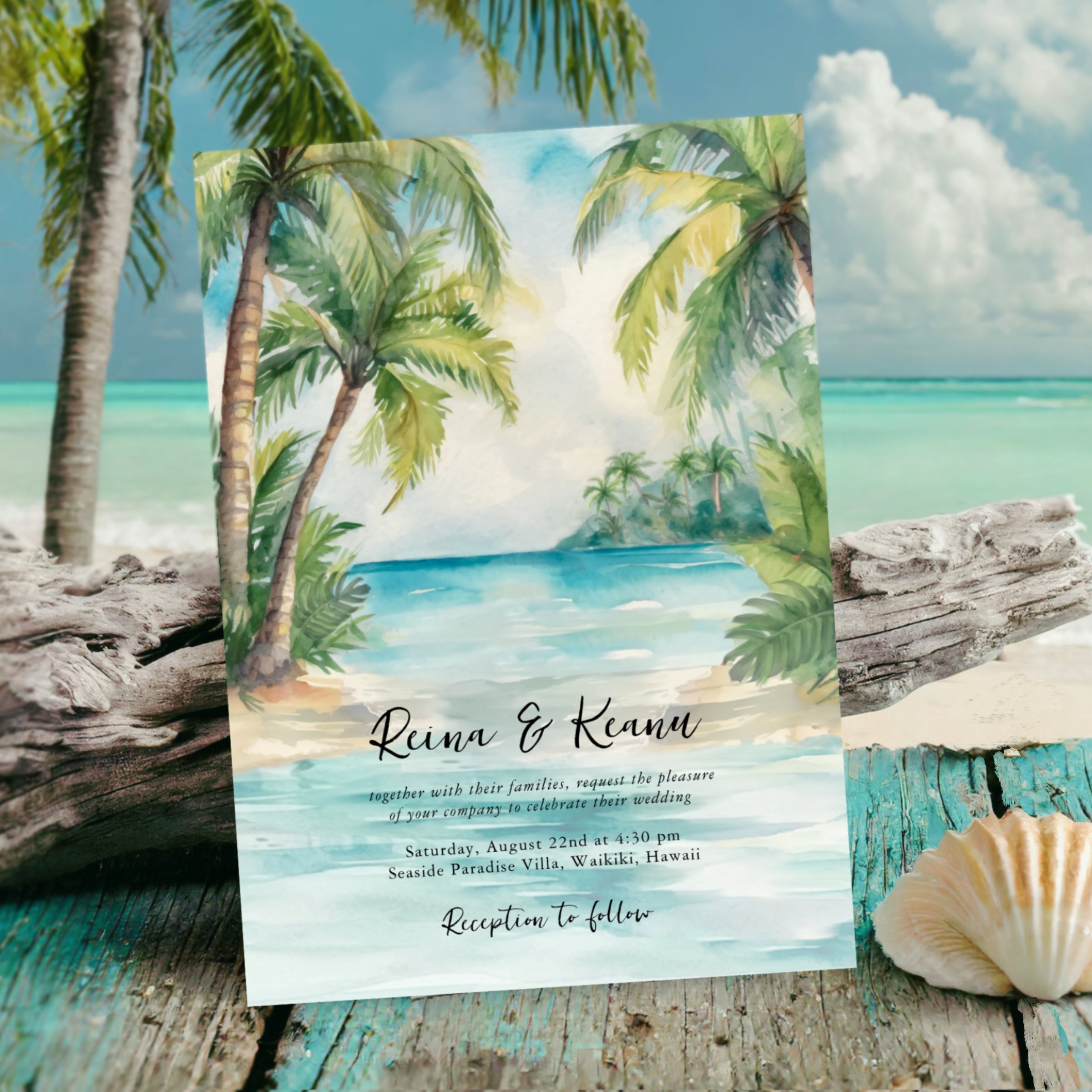 A serene palm-tree and turquoise-water invitation perfect for destination weddings, tropical beach resorts, and coastal celebrations.
