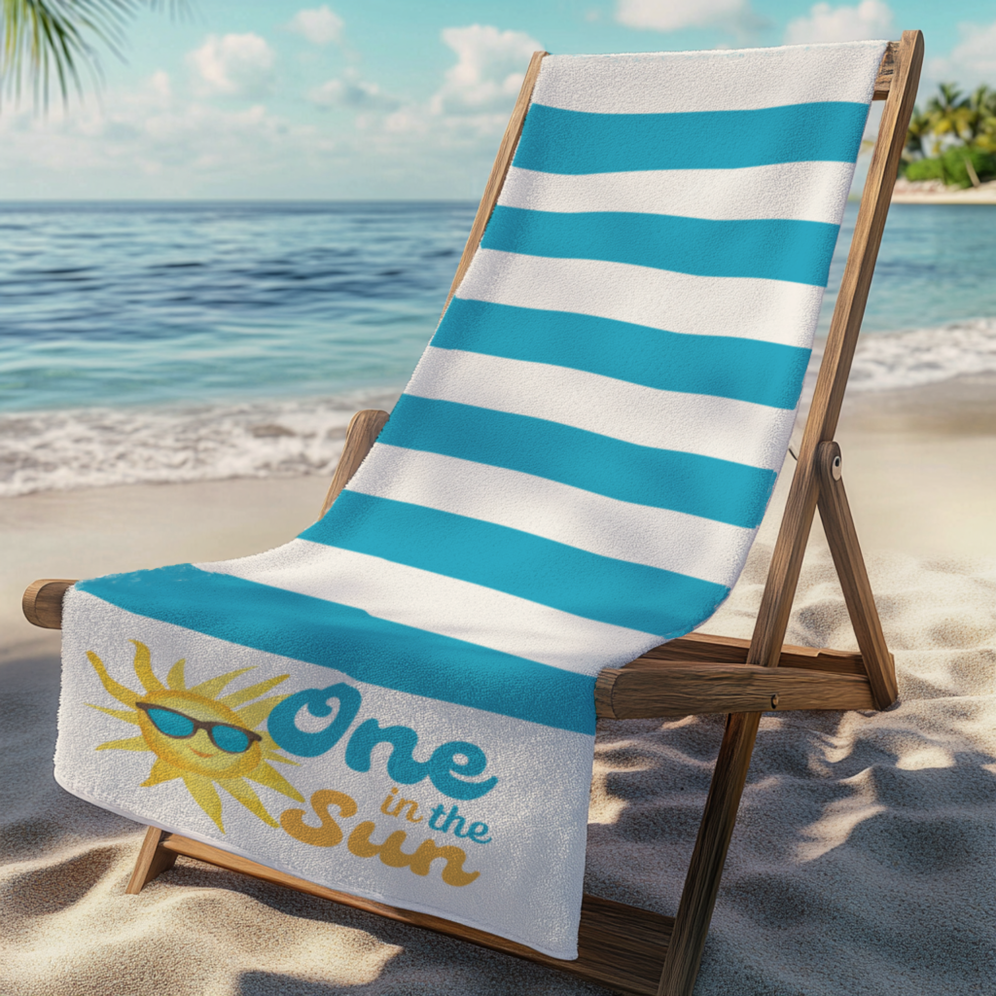 One in the Sun beach towel featuring coastal turquoise stripes and a cheerful sunshine - perfect for baby's first birthday celebrations and summer pool parties