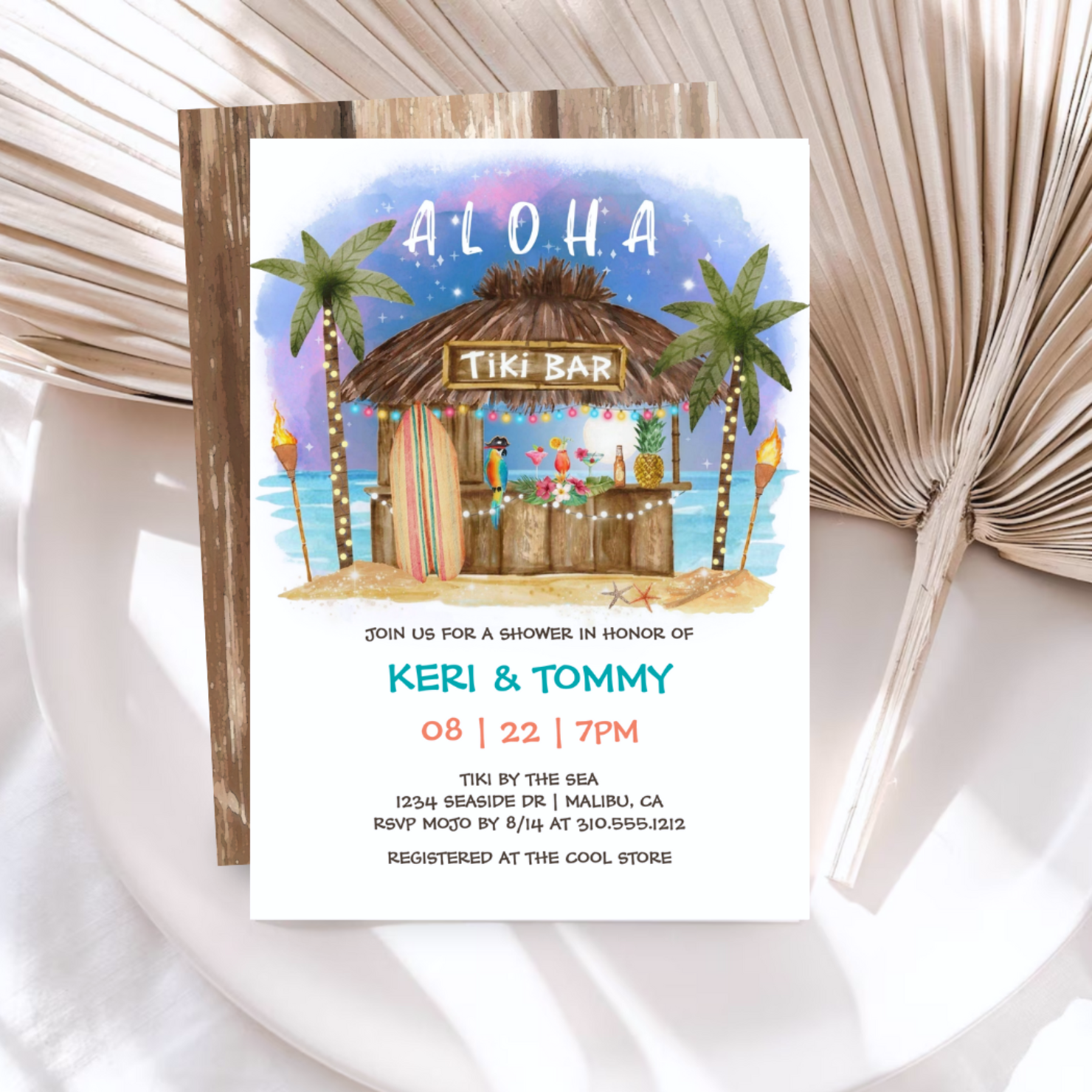 Couple's shower invitation featuring a watercolor tiki bar on the beach with tropical cocktails, palm trees, torches, surfboard and the ocean under the moonlight and stars