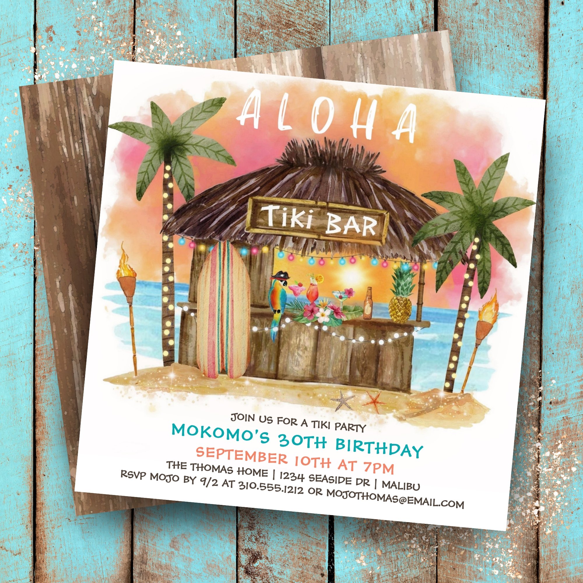 Tiki birthday party invitation featuring a fun square shape with a tiki bar on the beach with tropical cocktails, palm trees, surfboard, parrot pirate and ocean sunset background. Perfect for adult parties!