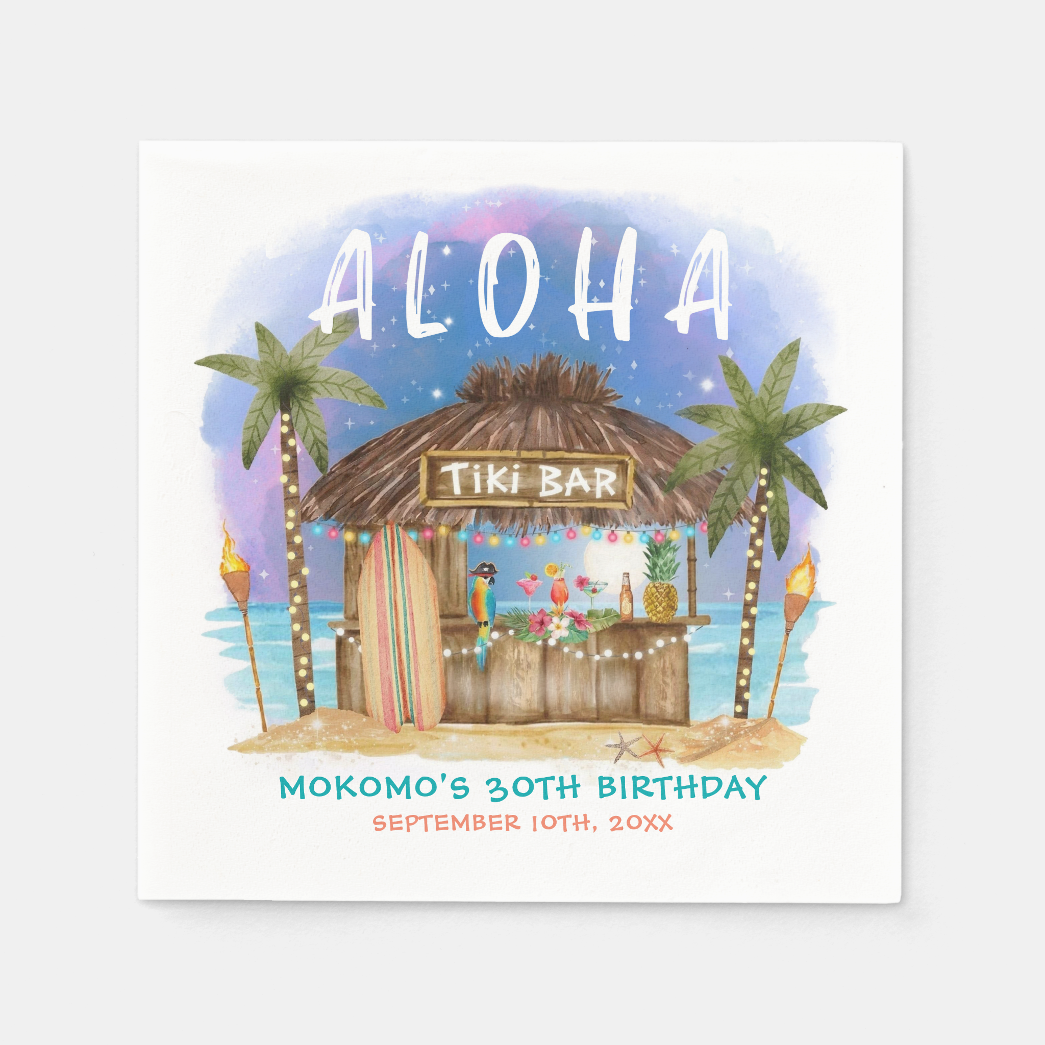 Add some island inspired fun to your tiki party birthday decor with these customizable napkins featuring a tiki bar on a tropical beach. 