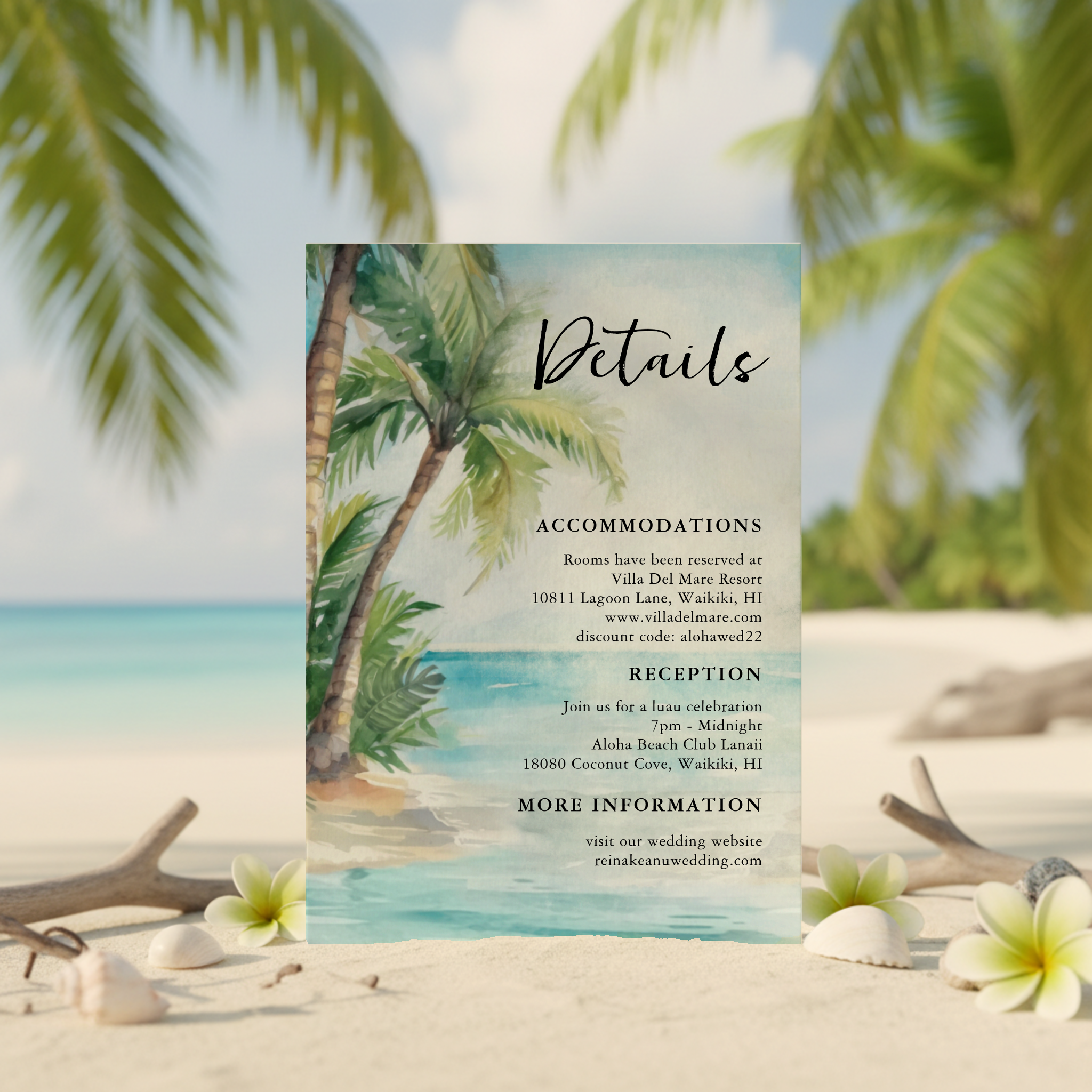 A tropical wedding details card featuring palm trees and a tranquil turquoise lagoon—perfect for sharing accommodations, reception info, and your wedding website.