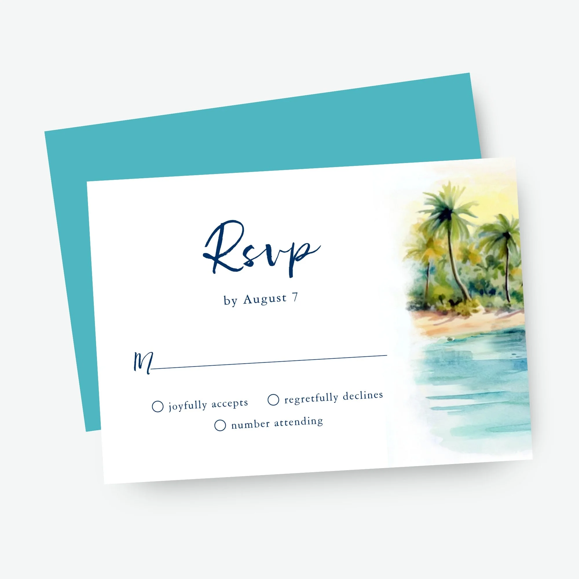 Tropical island theme wedding RSVP enclosure card features a glowing watercolor beach sunset, palm trees and tranquil turquoise sea.