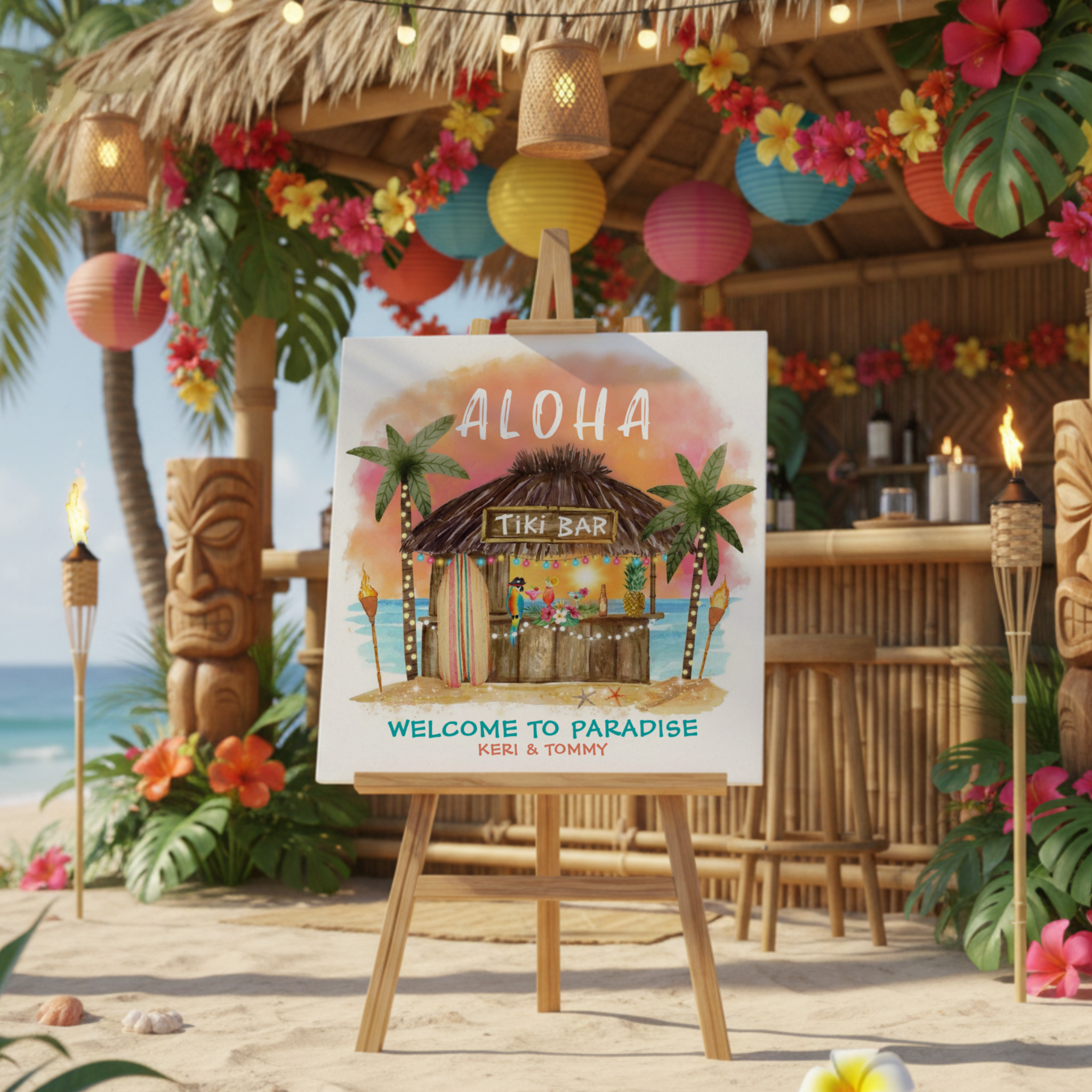 Aloha! Welcome your guests to your bridal or couple's shower  in island style with this foam board sign featuring a tiki bar on the beach, tropical drinks, palm trees and an ocean sunset background.