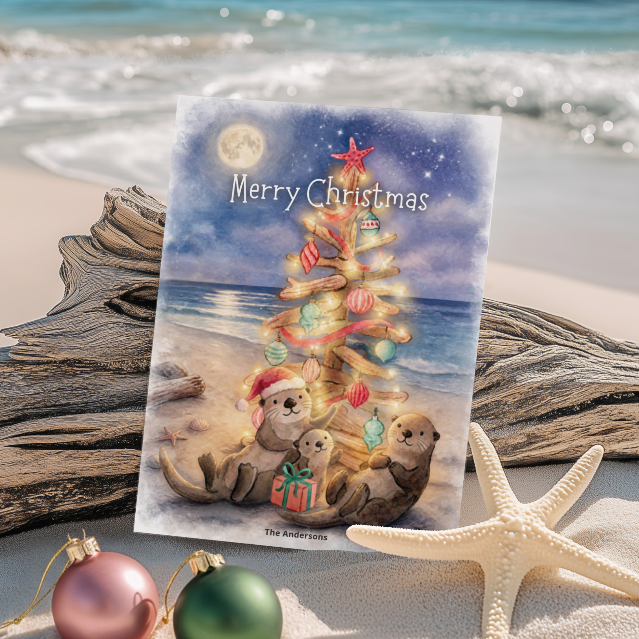 Sea Otter Driftwood Tree Beach Christmas Card