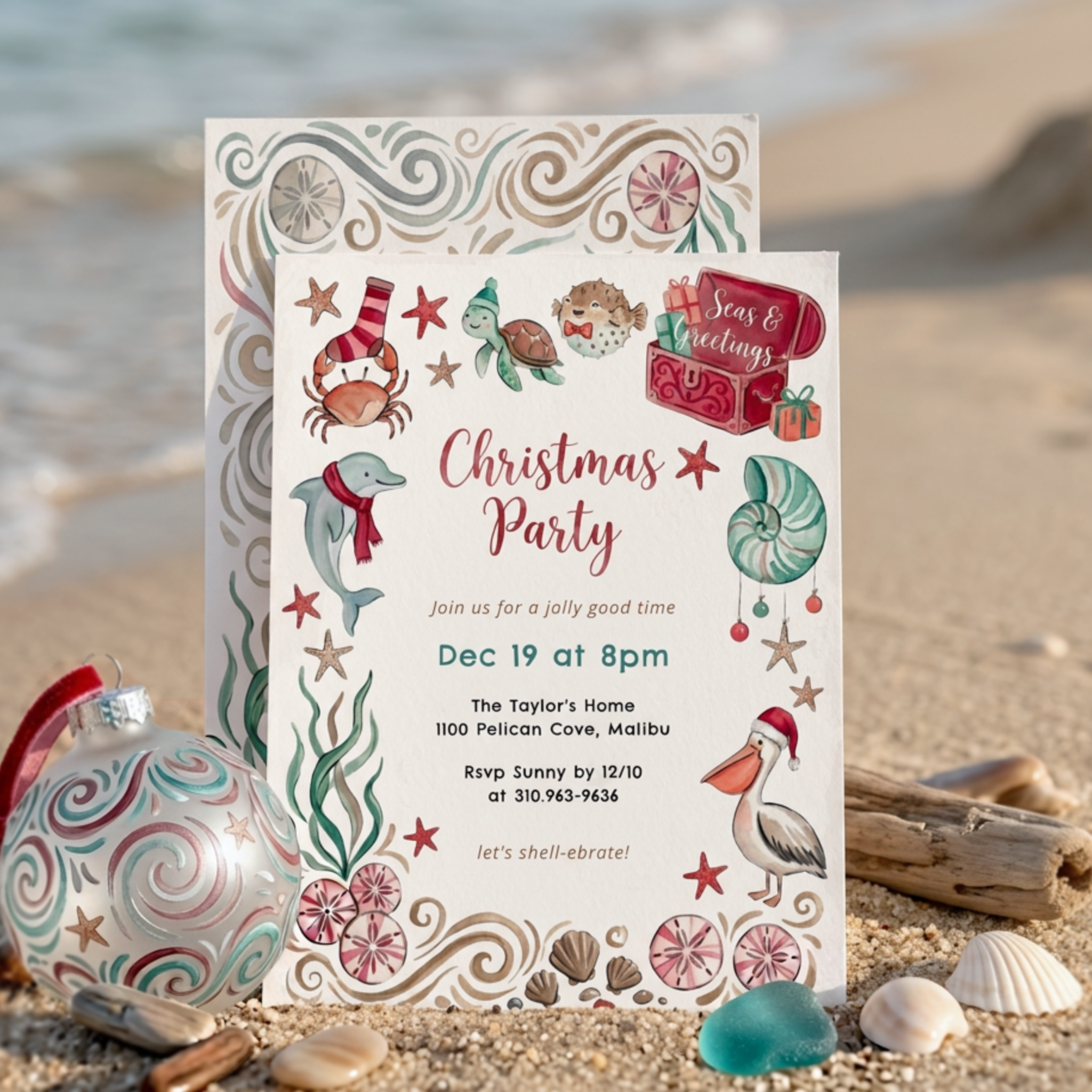 Ocean Treasures Seas & Greetings watercolor coastal Christmas invitation with festive ocean animals, seashells and holiday decorations.