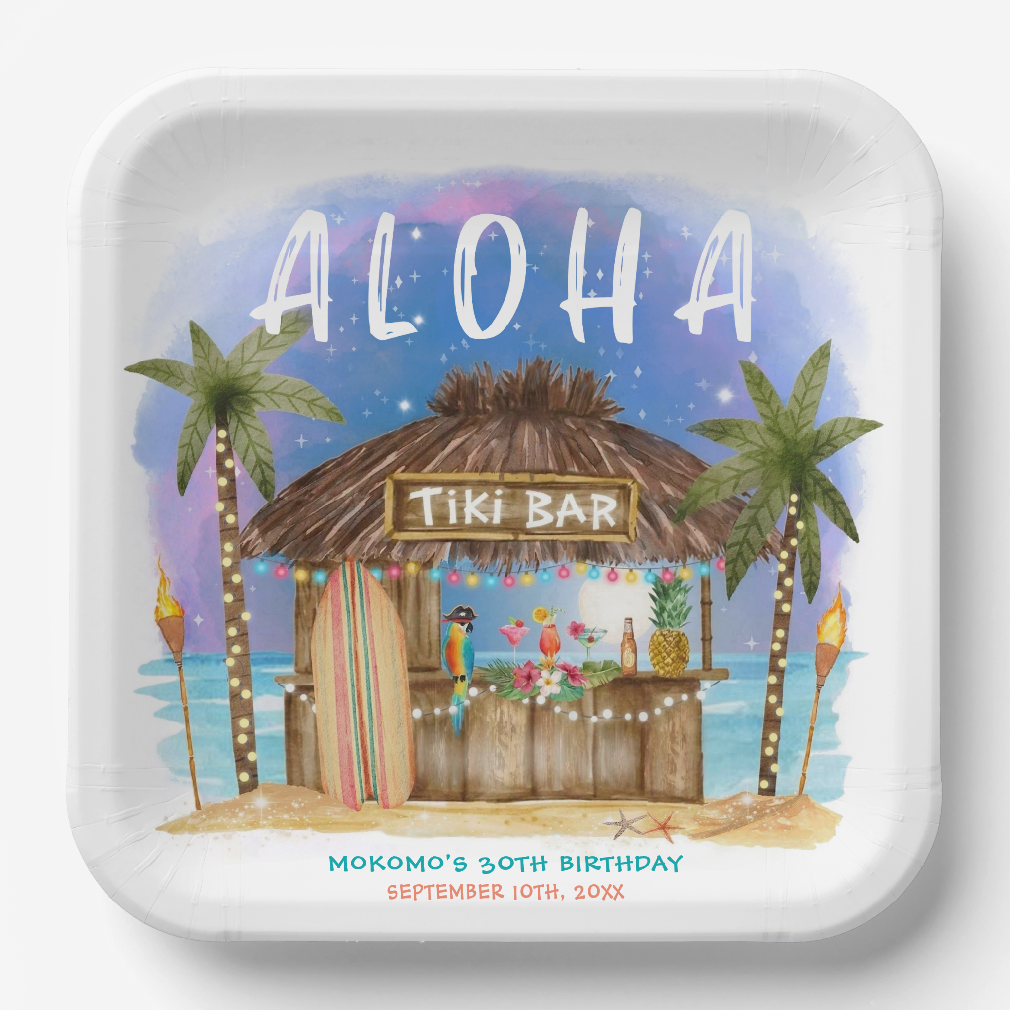 Aloha! Add some island charm to your birthday decor with these fun paper plates featuring a tiki bar on the beach with tropical cocktails, palm trees, surfboard, ocean and moonlight and starry sky. Perfect for adult tiki party celebrations!