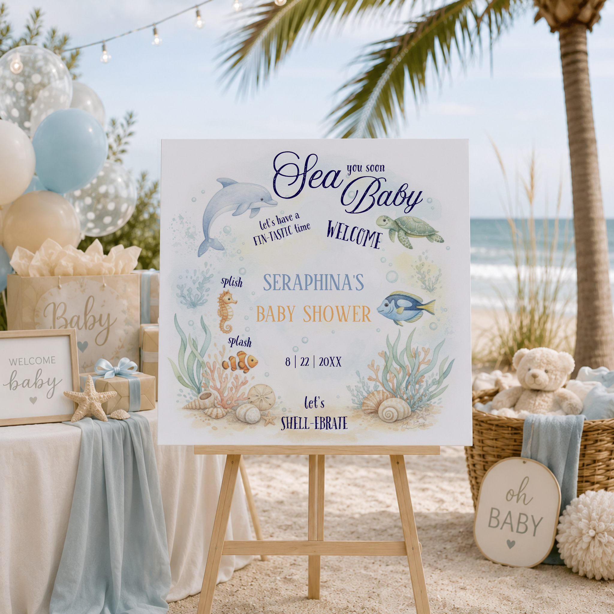 Sea You Soon Baby shower foam board welcome sign featuring watercolor ocean friends in a tropical coral reef. Perfect for beach, coastal, nautical and under the sea themed celebrations