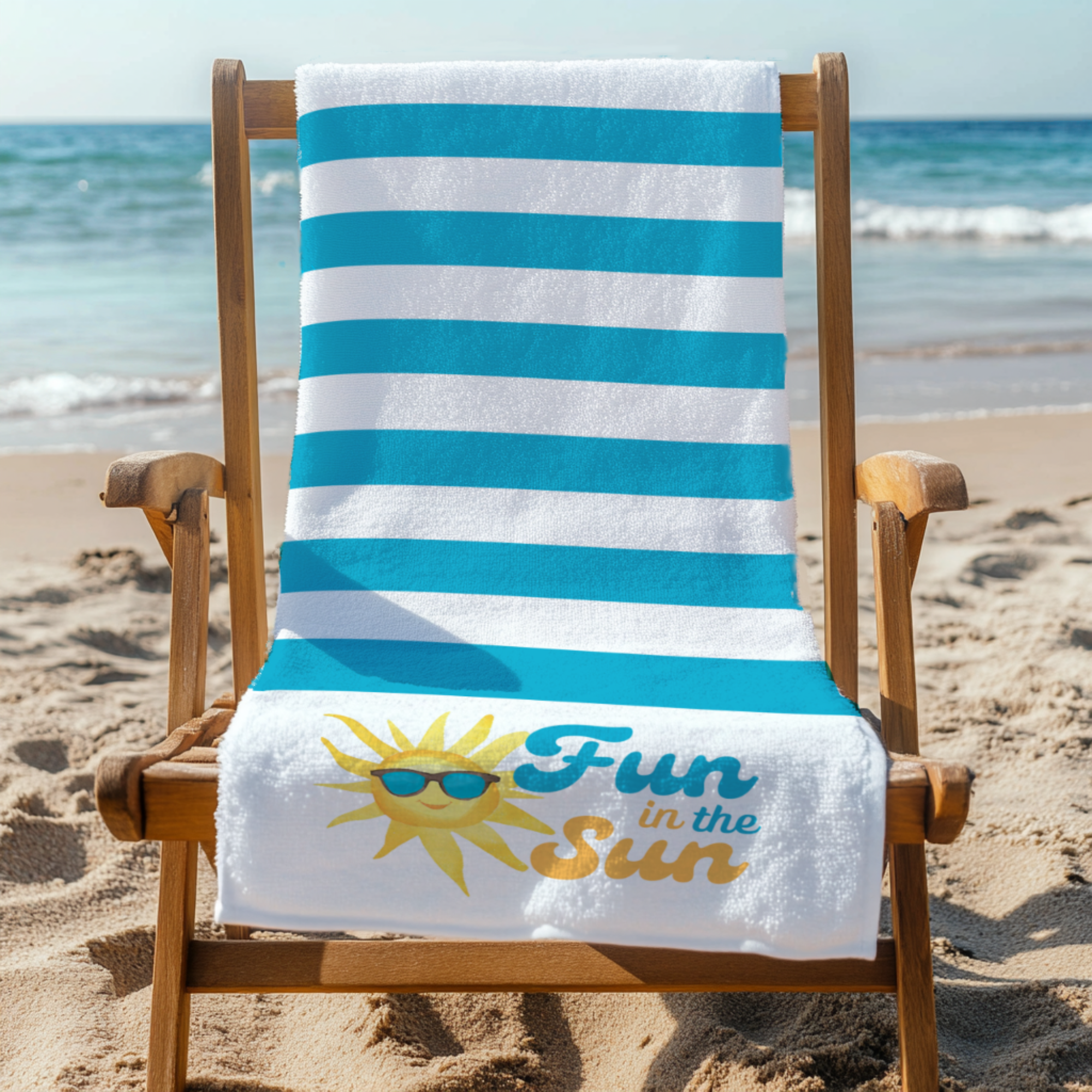 Fun in the Sun beach towel featuring turquoise stripes and a cheerful sunshine