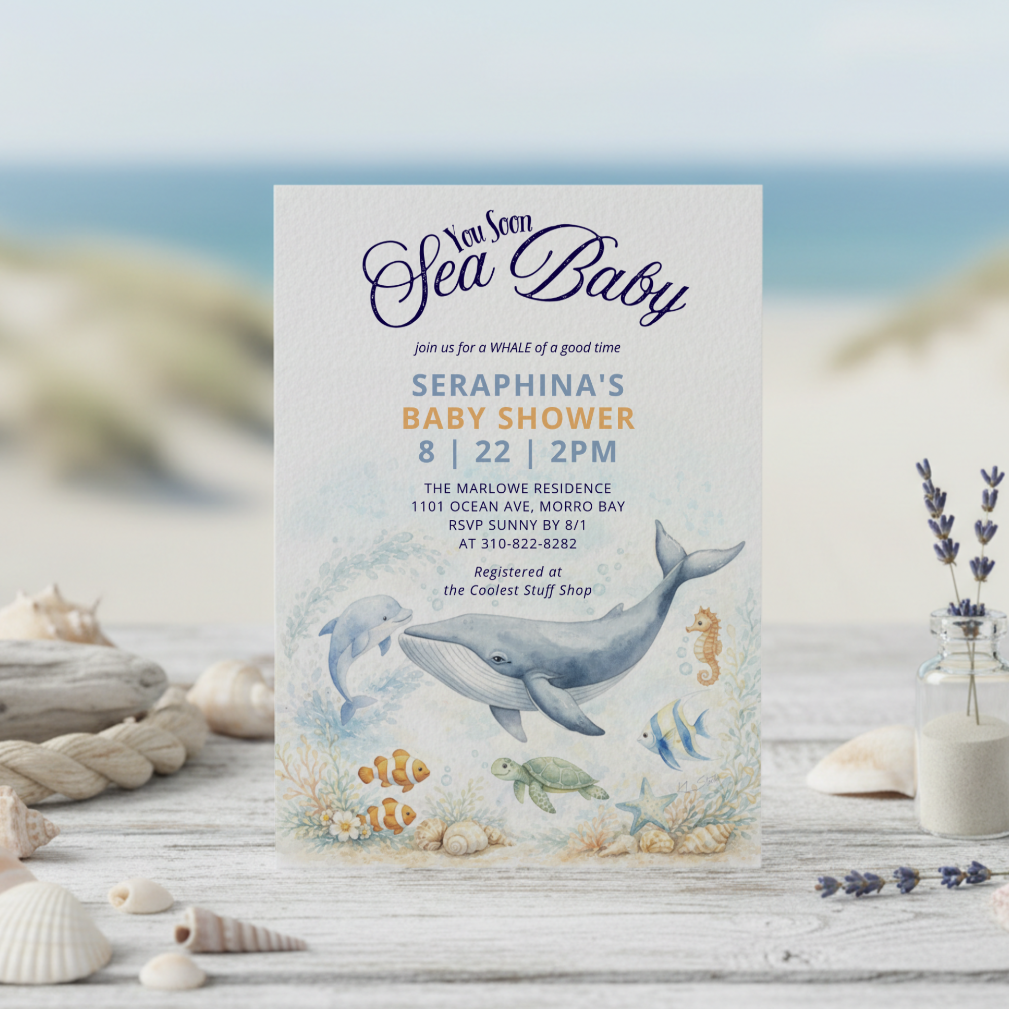 Sea You Soon Baby shower invitation featuring watercolor ocean animals in a tropical coral reef. Perfect for beach, nautical and under the sea celebrations.