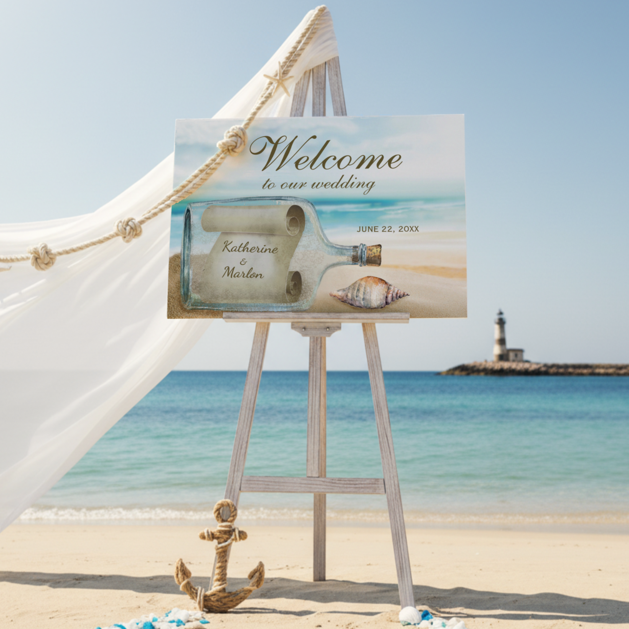 Beach wedding welcome sign with a watercolor message in a bottle, seashell, and ocean background.