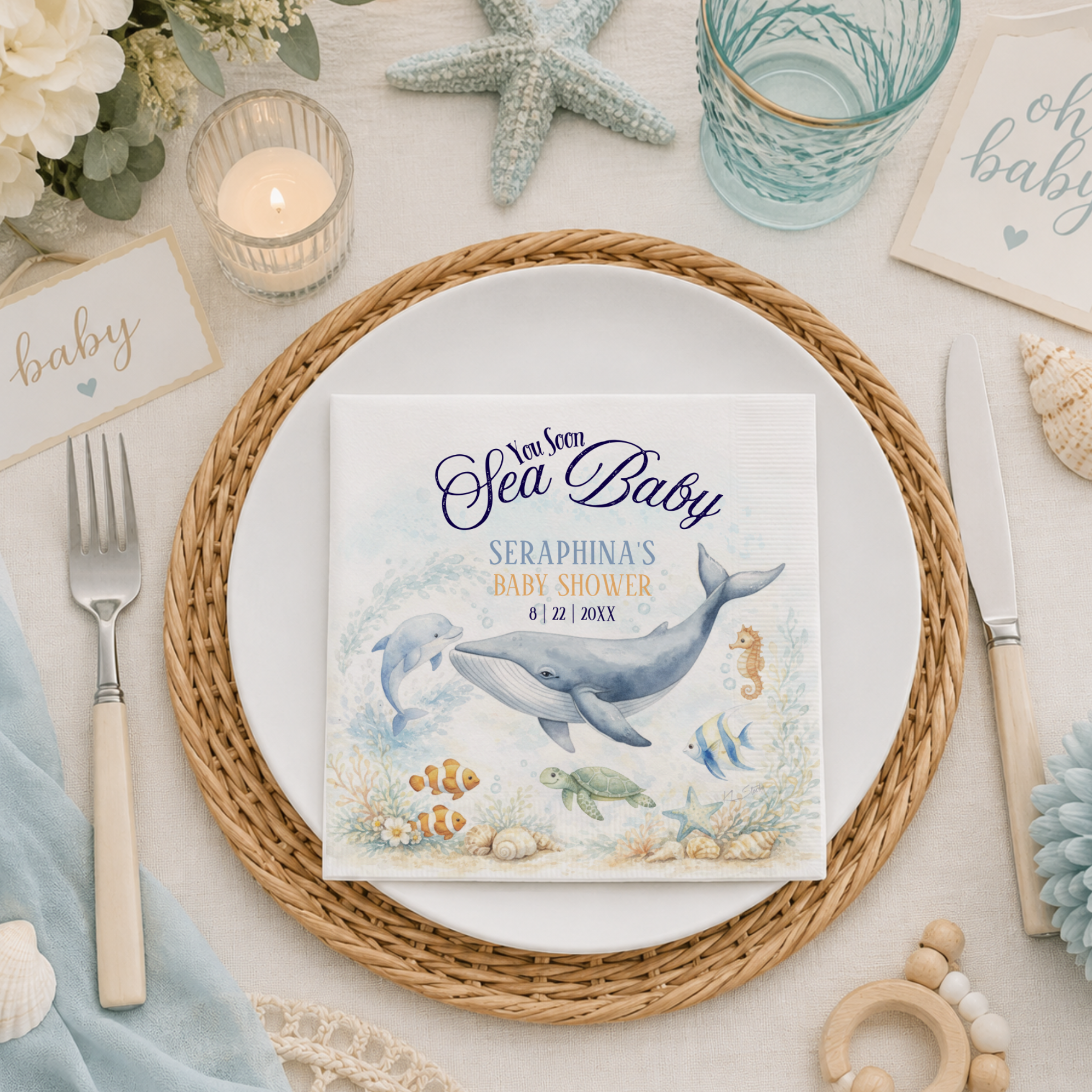 Sea You Soon Baby shower napkins featuring watercolor ocean animals swimming in a tropical coral reef. The soft, coastal colors are perfect for beach, nautical and under the sea themed baby showers.