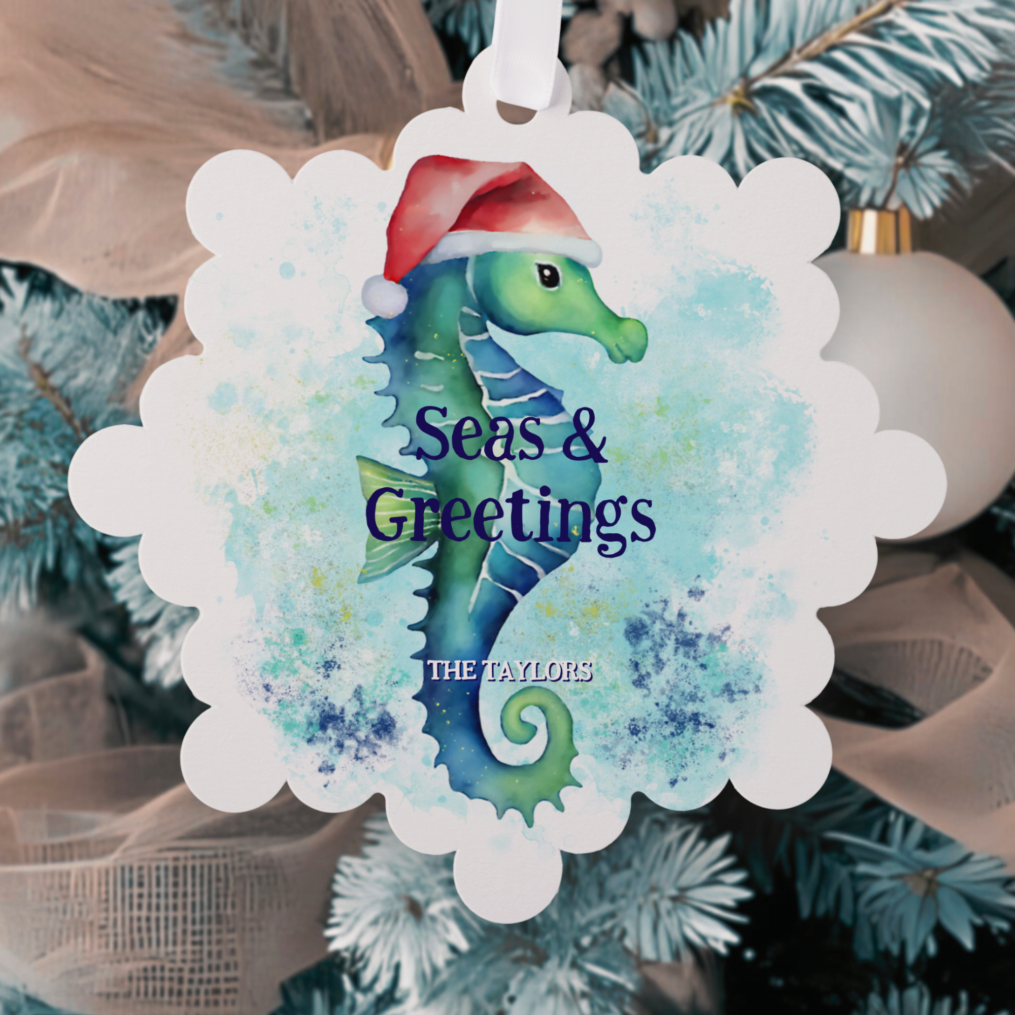 Seahorse Santa Beach Christmas Ornament Card