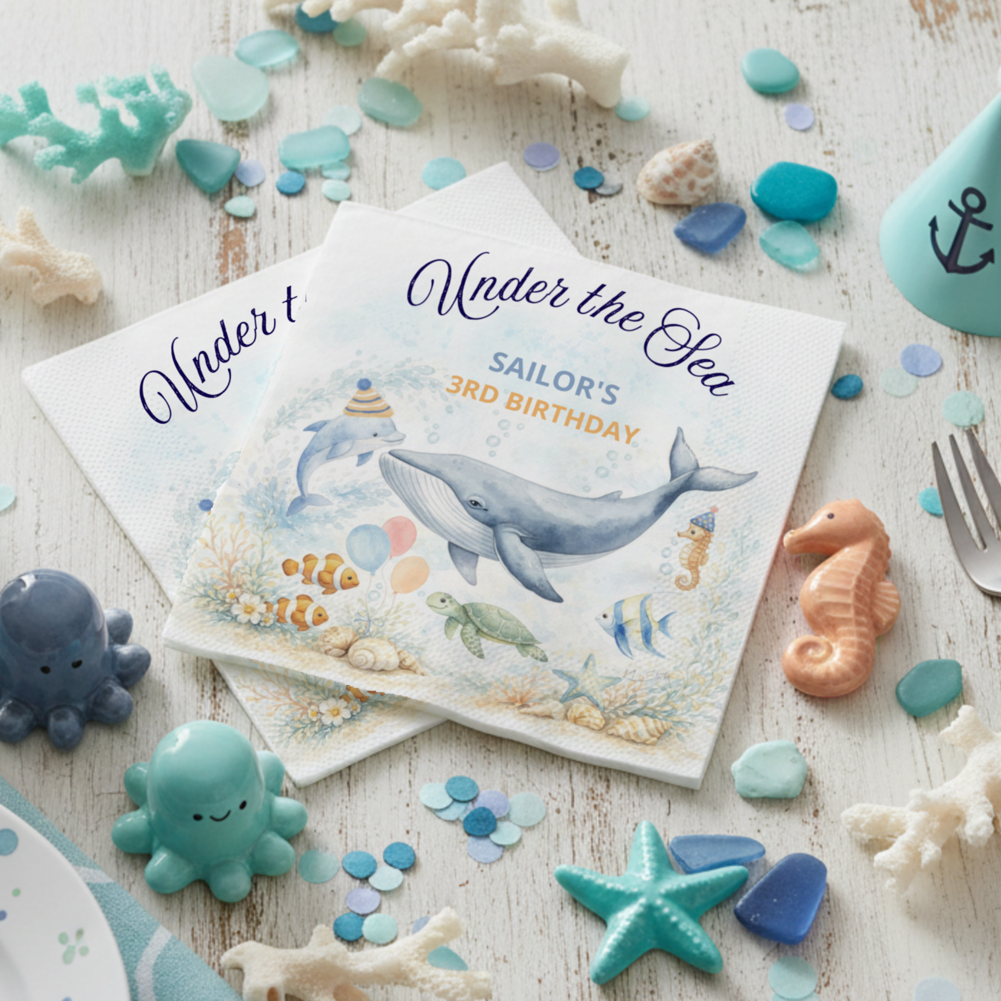 Under the Sea Whale birthday napkins featuring a graceful watercolor humpback whale with a playful dolphin, seahorse, sea turtle, and tropical fish gathered around a soft coral reef. Finished with nautical “Under the Sea” script and personalized name