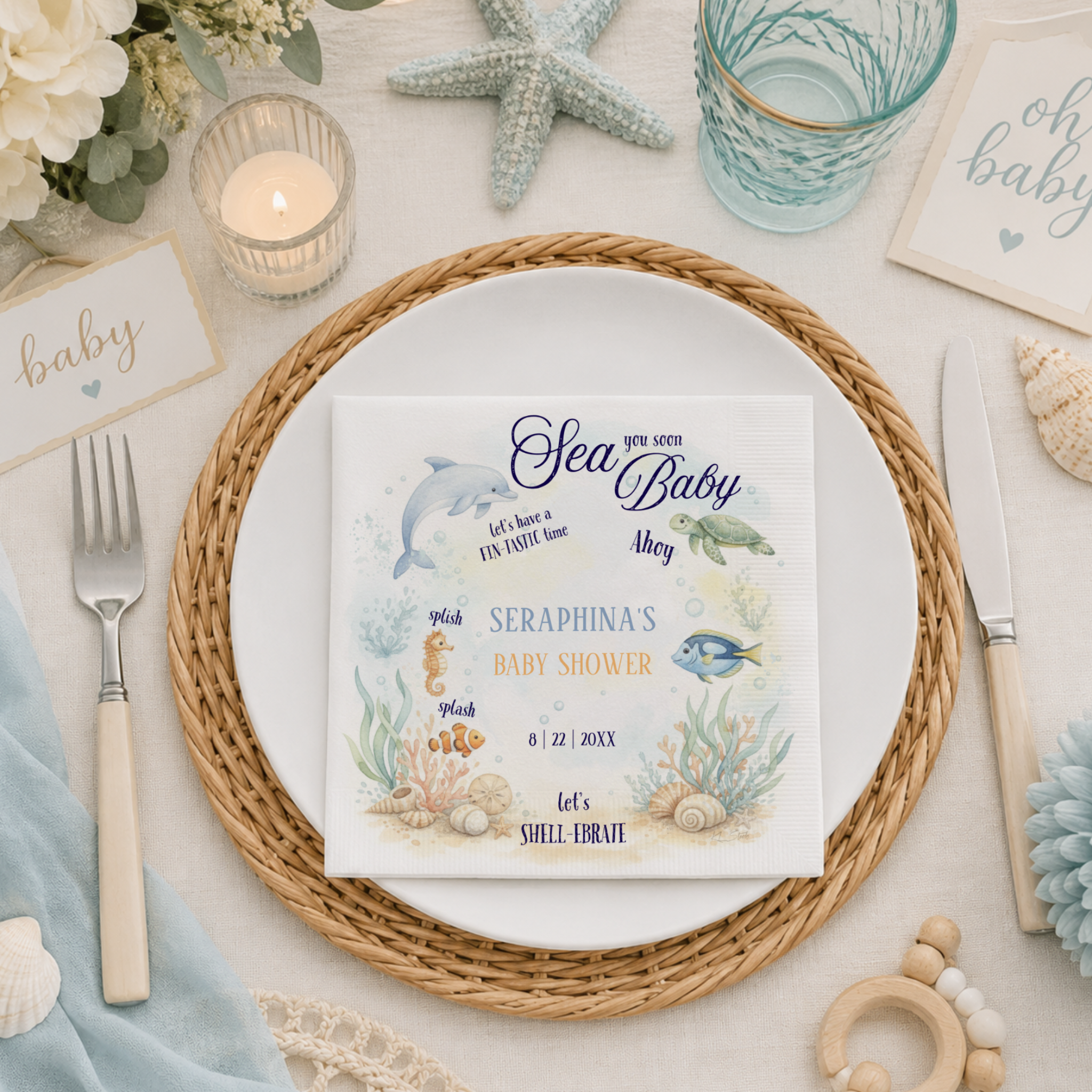 Sea You Soon Baby shower napkins featuring watercolor ocean animals in a tropical coral reef. The gender neutral, coastal colors are perfect for beach, nautical and under the sea themed celebrations.