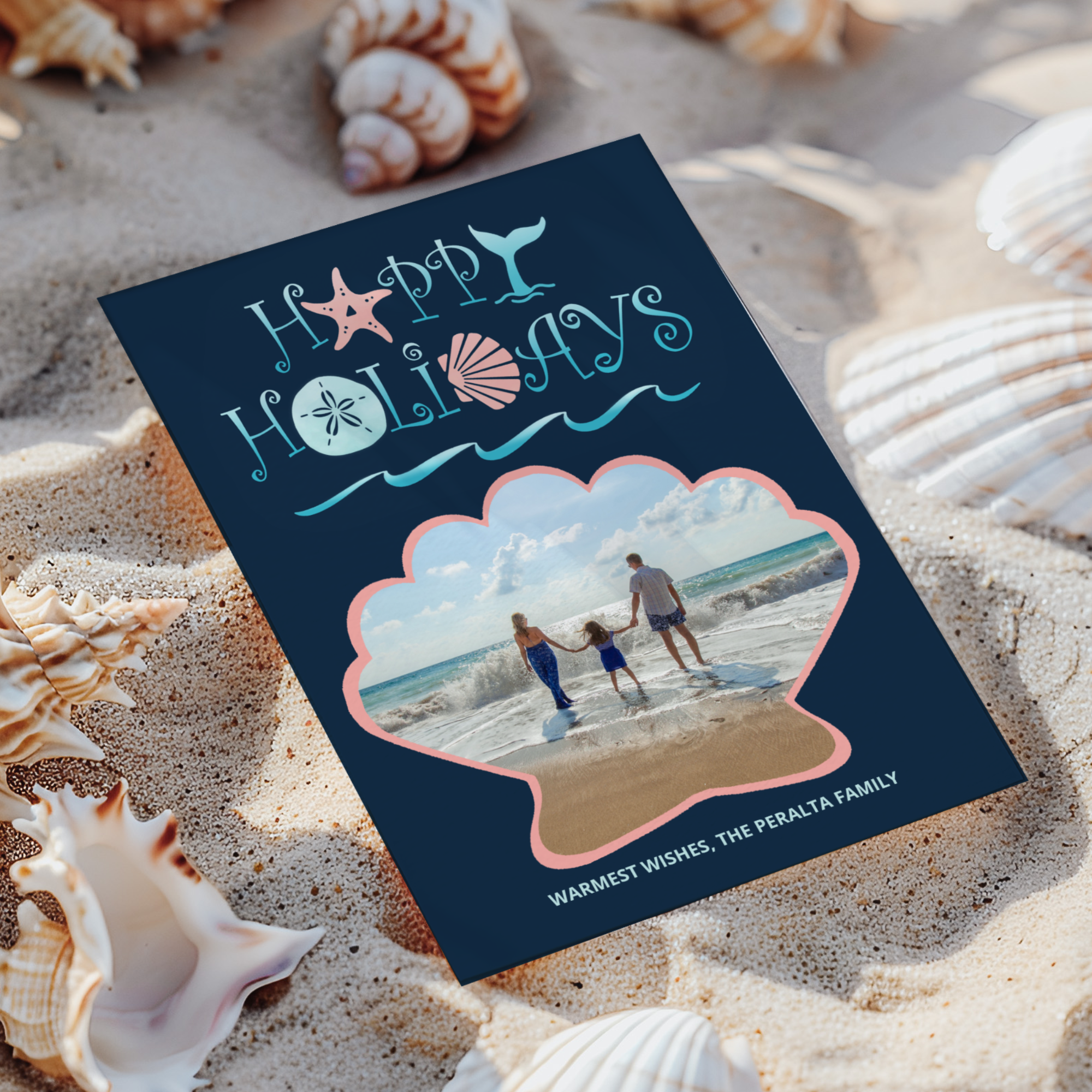 Navy Seashell Custom Photo Christmas Card