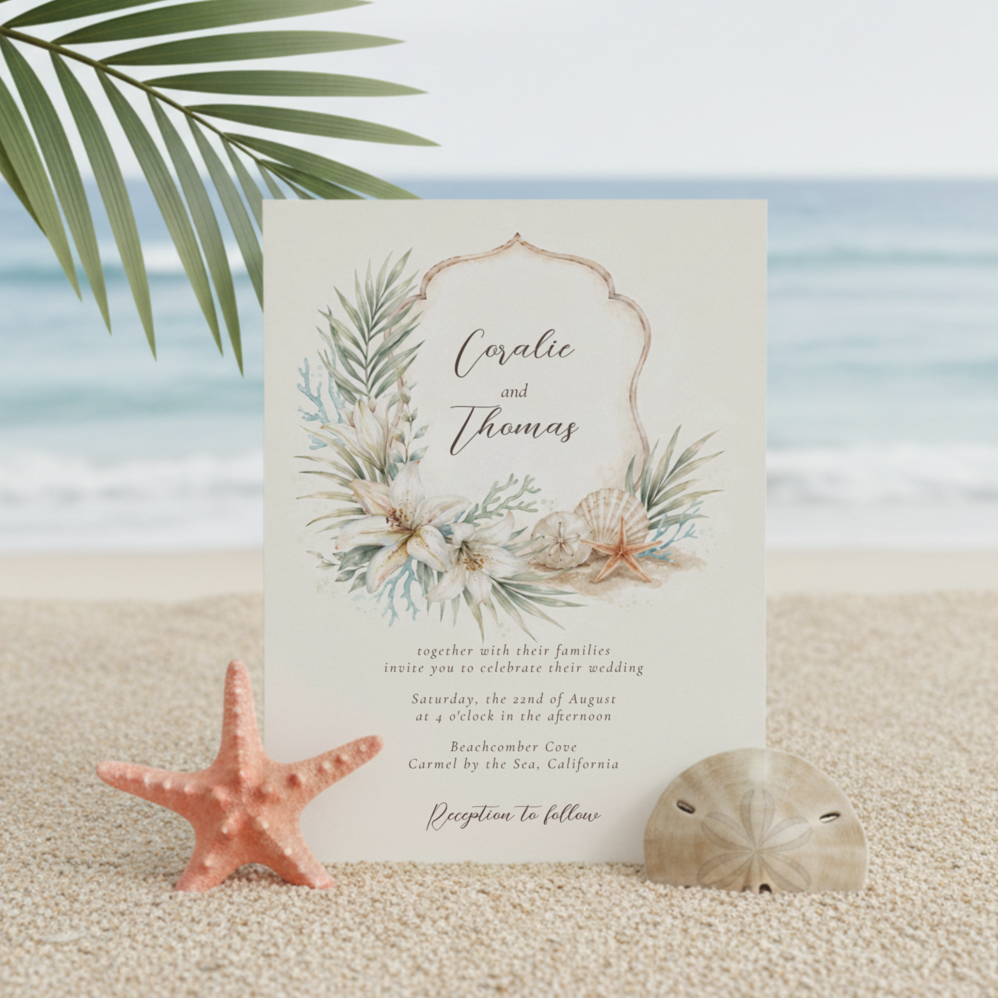 Tropical Boho Beach Wedding Invitation featuring a personalized watercolor wedding crest surrounded by white Oriental lilies, seashells, coral accents, palm fronds, and eucalyptus leaves. Designed for destination weddings, coastal celebrations, and t