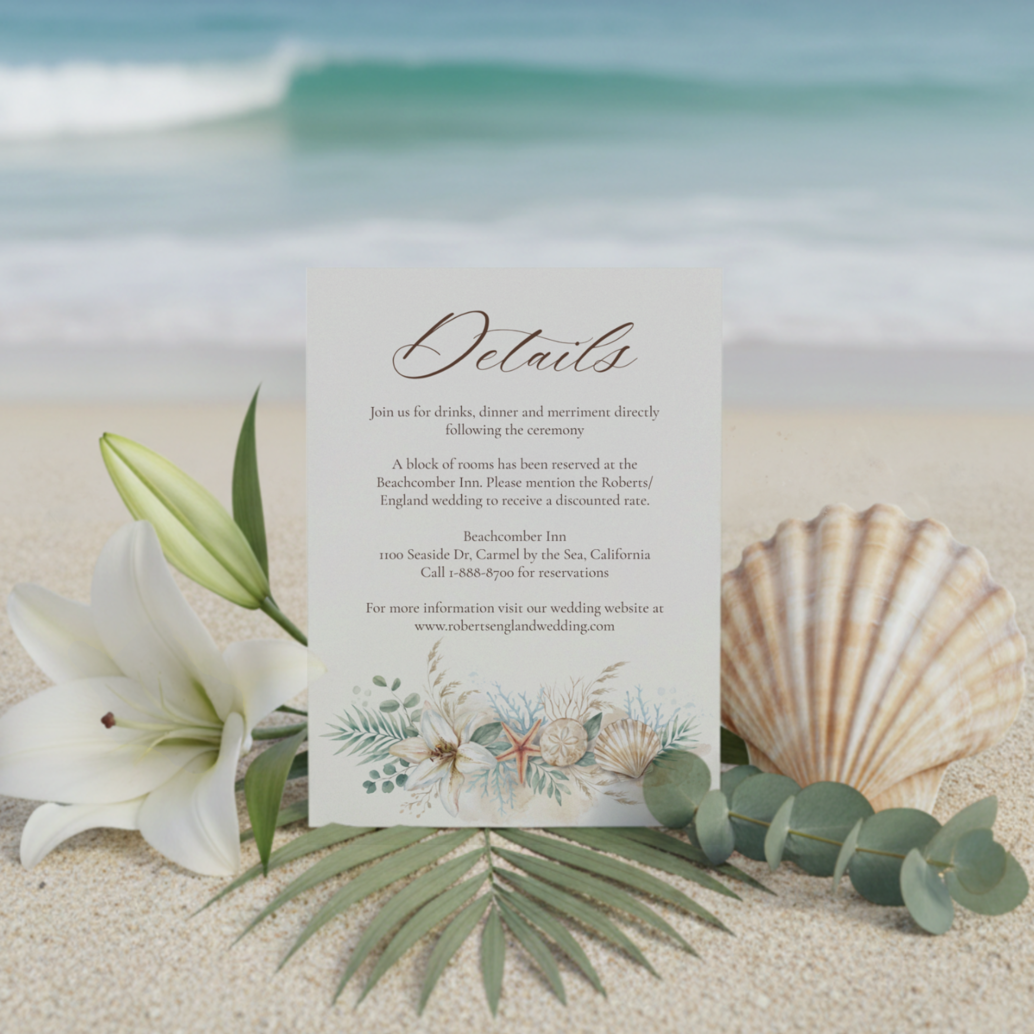 Tropical Boho Beach Wedding Details Card featuring watercolor white Oriental lilies, seashells, coral accents, palm fronds, and eucalyptus leaves. Perfect for sharing accommodations, wedding website information, transportation details, and event sche