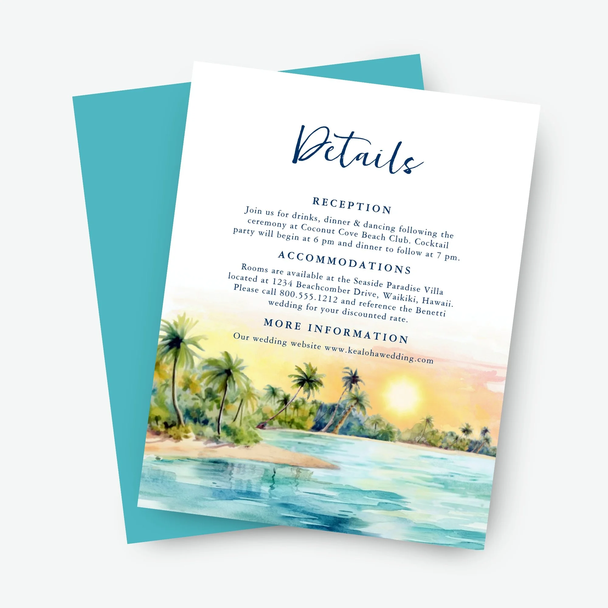 Tropical sunset wedding details card featuring palm trees, soft ocean hues, and customizable monogram—perfect for sharing reception, accommodations, and website info with coastal style.