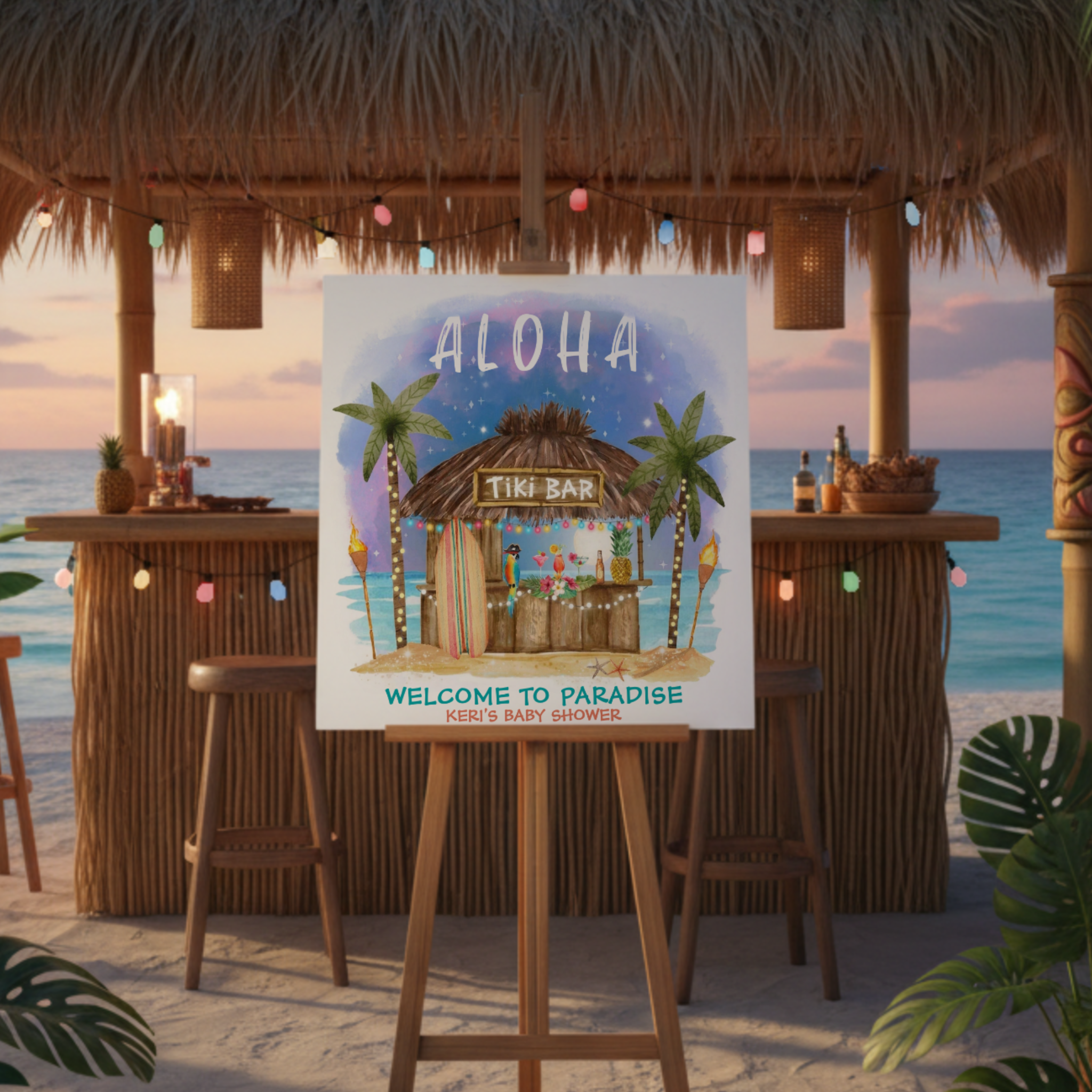 A dreamy tropical baby shower welcome sign showcasing a tiki bar, palm trees, gentle ocean waves, and a moonlit sky. Personalize the text for a magical coastal celebration.