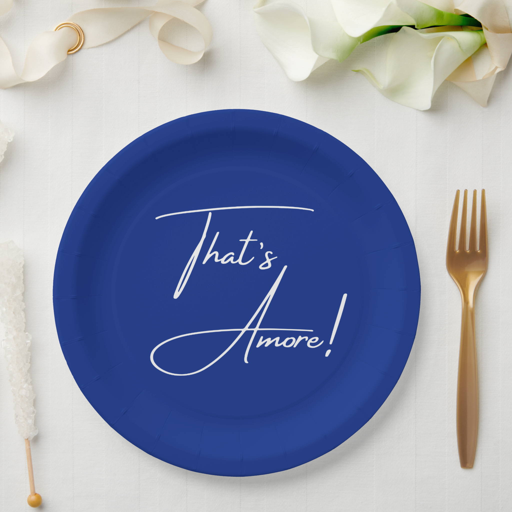 Bring bold Mediterranean charm to your bridal shower or wedding celebration with this “That’s Amore!” paper plate. Designed in a deep cobalt blue with crisp white handwriting script, it’s perfect for bridal showers, couples’ showers, engagement parti