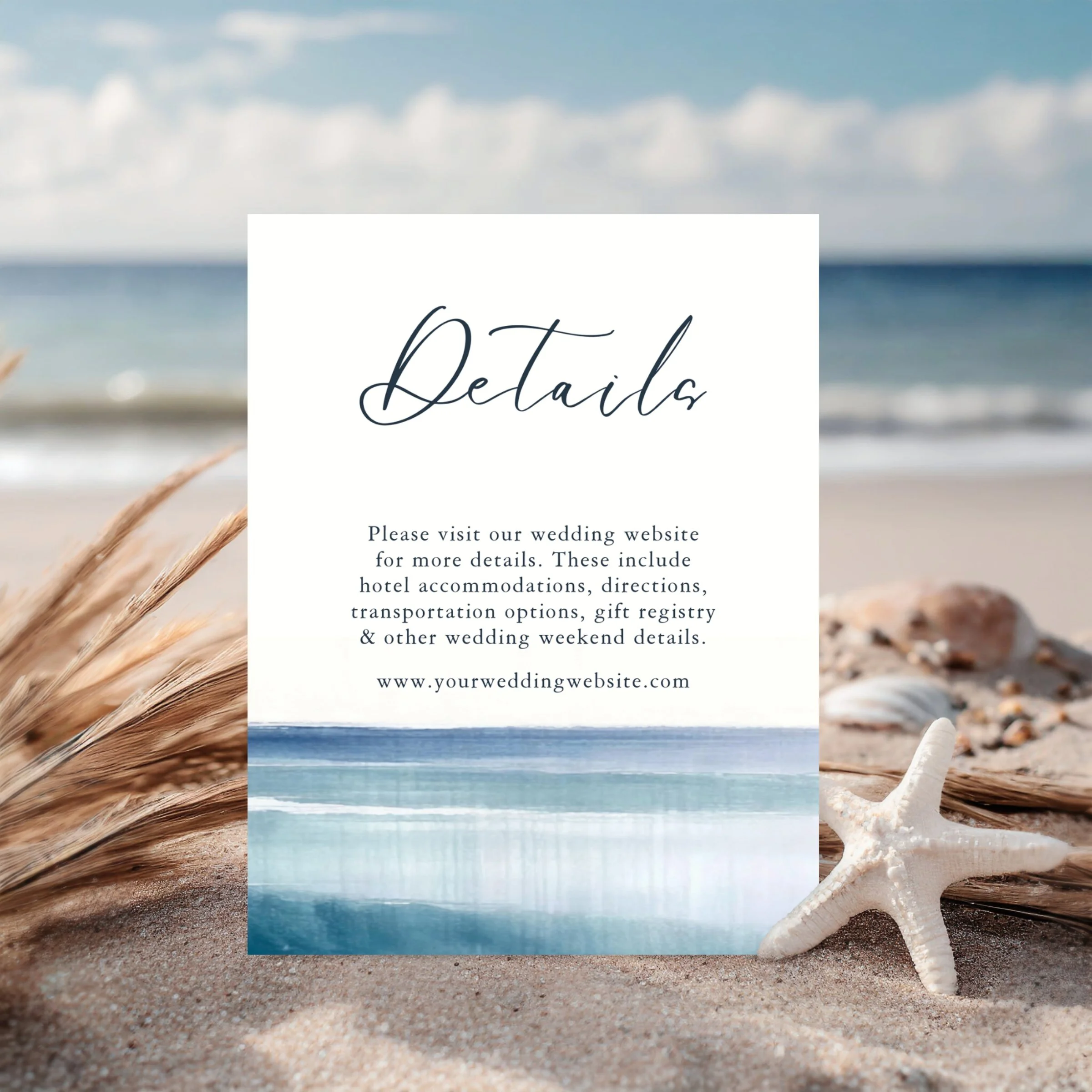 Inform your guests of your wedding details such as hotel accommodations, reception, gift registry, directions and wedding website with this nautical theme Details enclosure card. The abstract ocean waves in coastal blue and turquoise color tones and 
