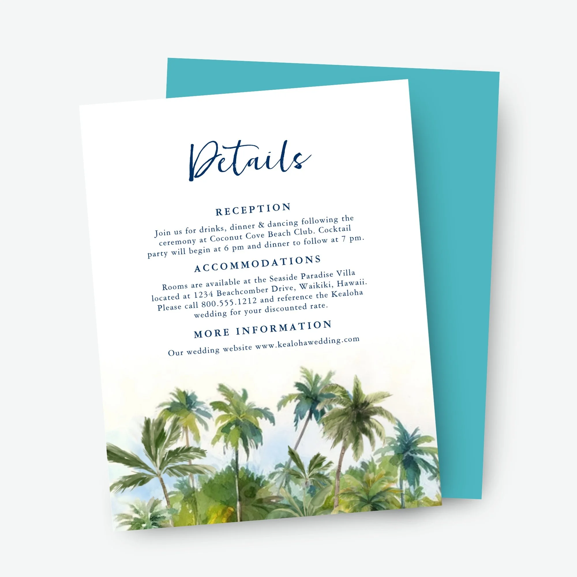 Tropical wedding details card bordered with lush palm trees and finished with a customizable monogram—perfect for sharing reception, accommodations, and website info in island style.