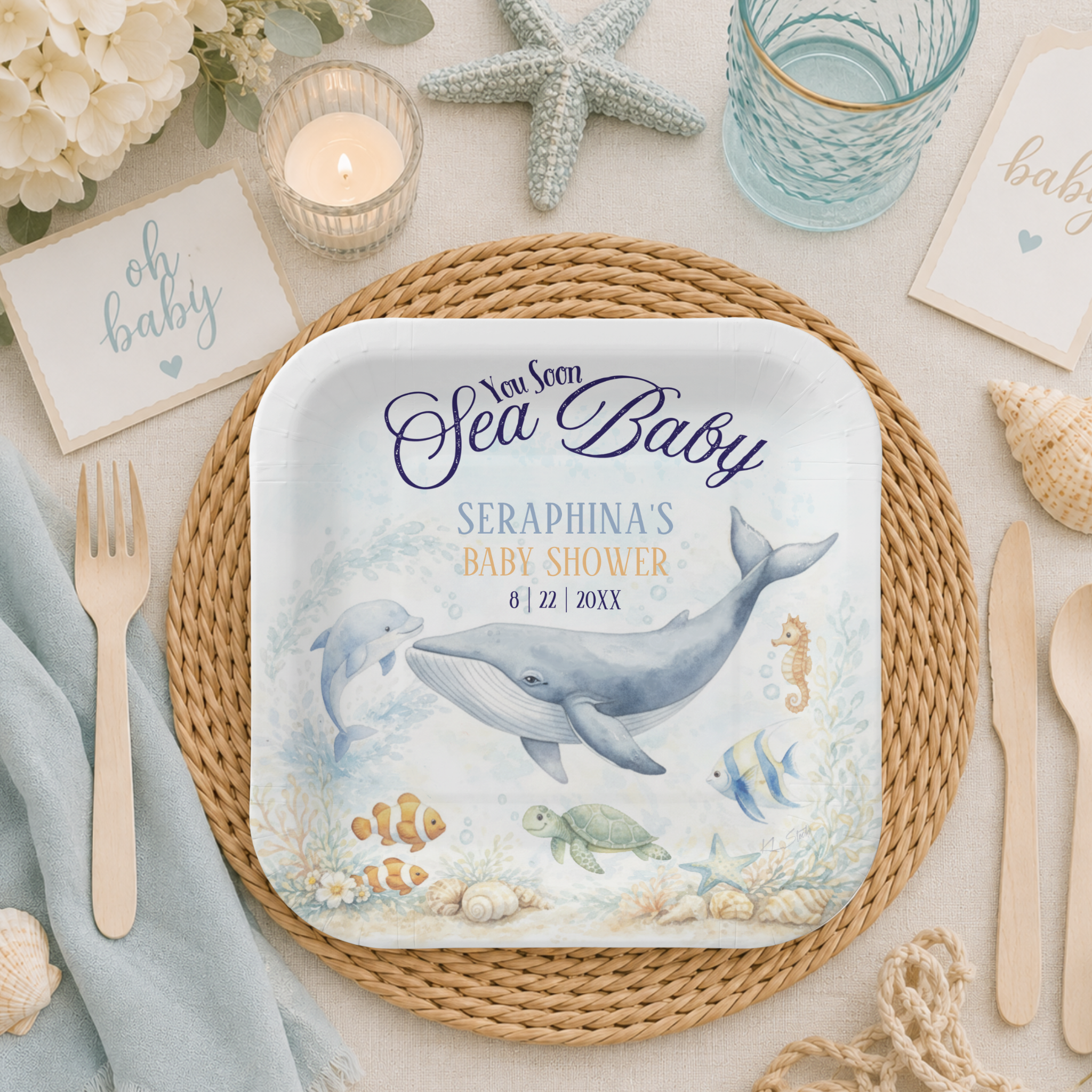 Sea You Soon Baby shower paper plates featuring adorable watercolor ocean animals in a tropical coral reef. With soft coastal colors, these are perfect for beach, nautical and under the sea themed showers.