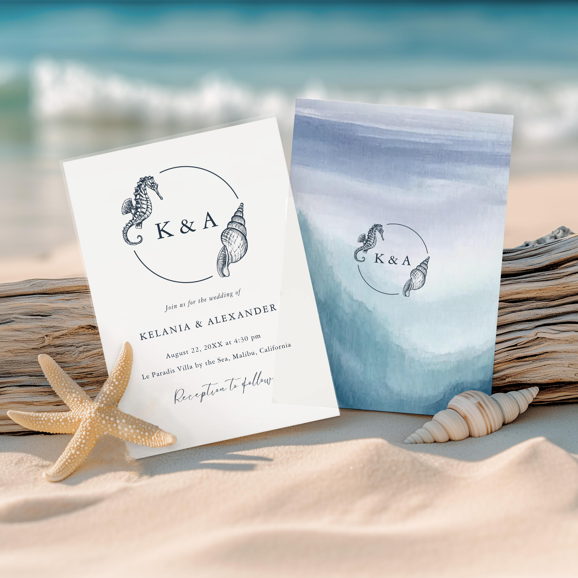 



This coastal wedding invitation featuring abstract watercolor ocean waves and a nautical seahorse and seashell monogram will set a serene and timeless tone for your special day. Perfect for beach theme and seaside ceremonies.