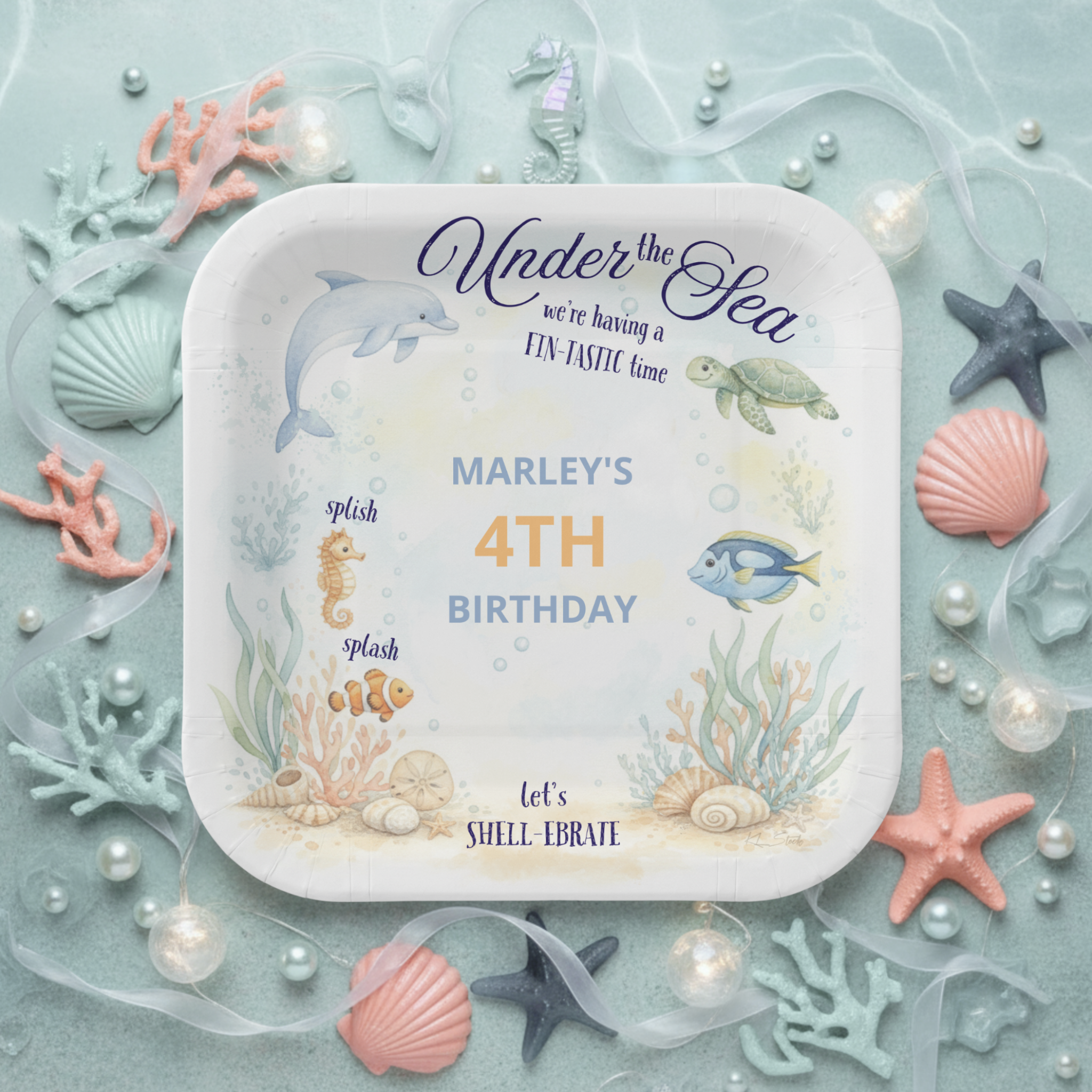Under the Sea birthday paper plates featuring a vibrant watercolor ocean scene with dolphins, sea turtles, seahorses, and tropical fish in turquoise, coral, and sea foam hues. These playful coastal plates add a cheerful pop of color to your party tab