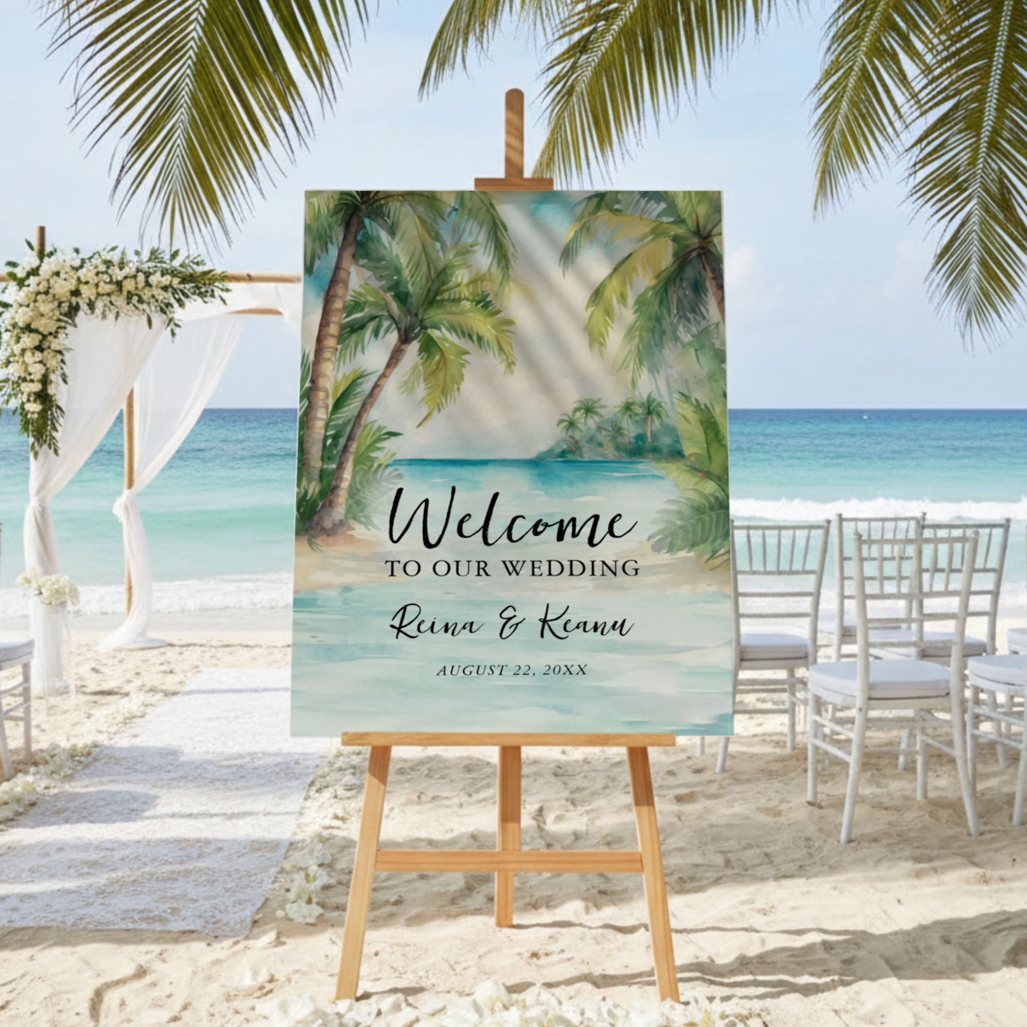 A serene tropical welcome sign featuring palm trees and a tranquil turquoise lagoon — the perfect first impression for a beach or destination wedding.