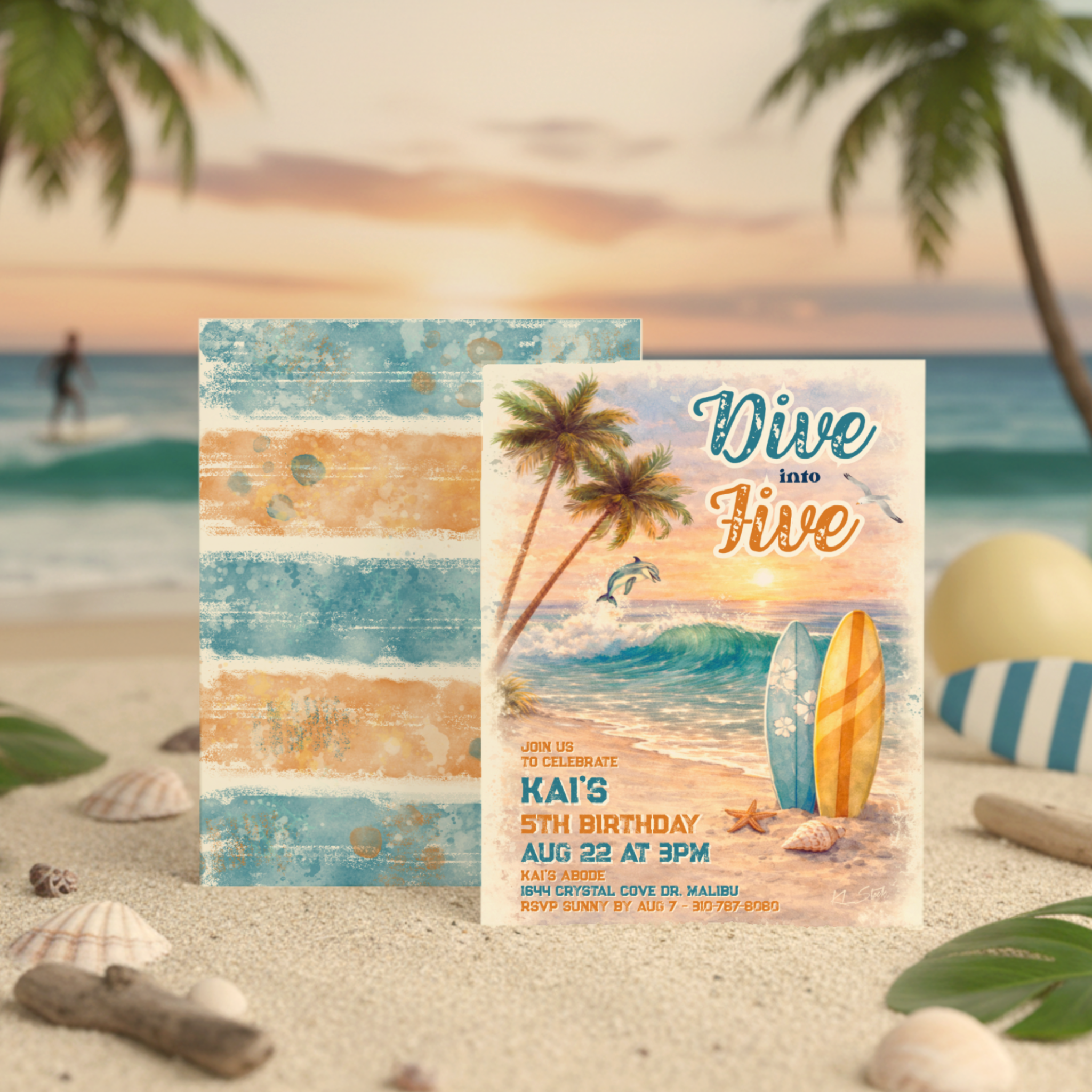 A fun "Dive Into Five" birthday invitation with watercolor waves, surfboards, and sunny tropical beach vibes — perfect for a fifth birthday celebration.