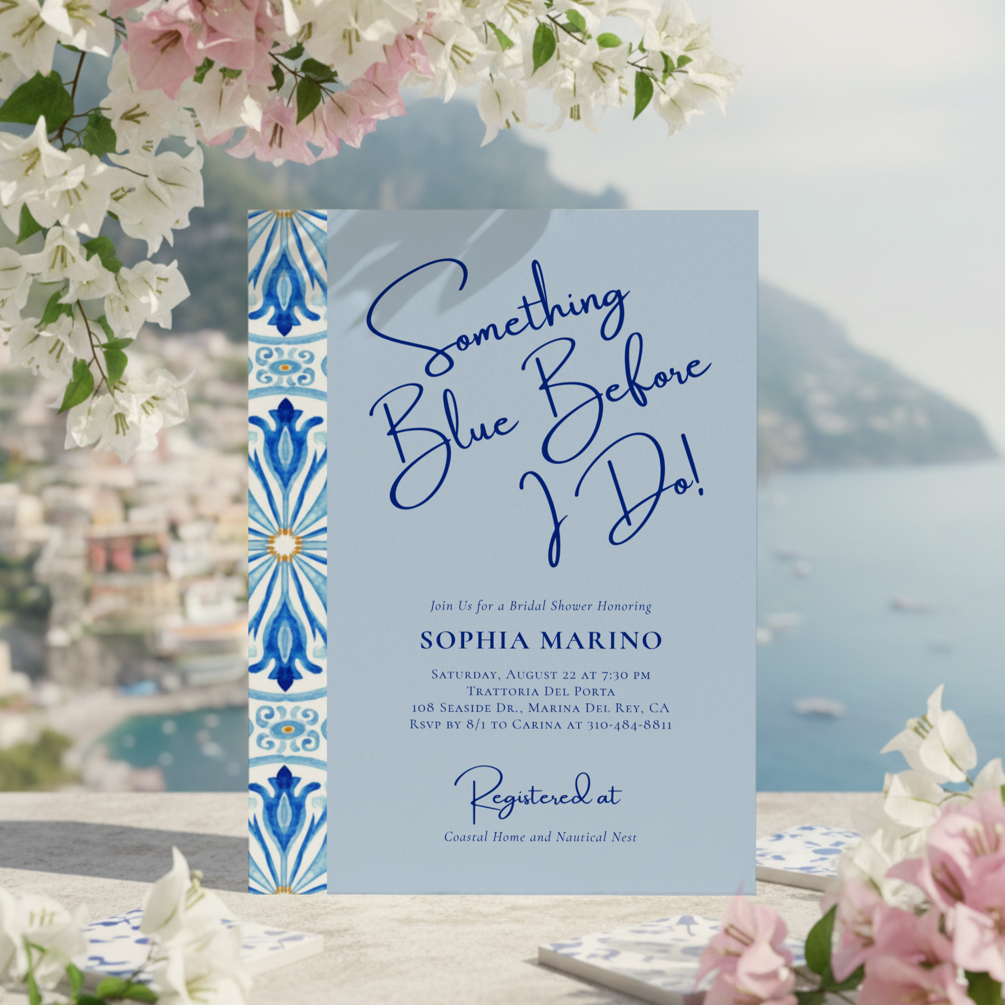 Celebrate the bride-to-be with this coastal “Something Blue Before I Do” bridal shower invitation inspired by the charm of the Amalfi Coast. A soft dusty-blue background and watercolor Mediterranean tile pattern pairs beautifully with deep cobalt let