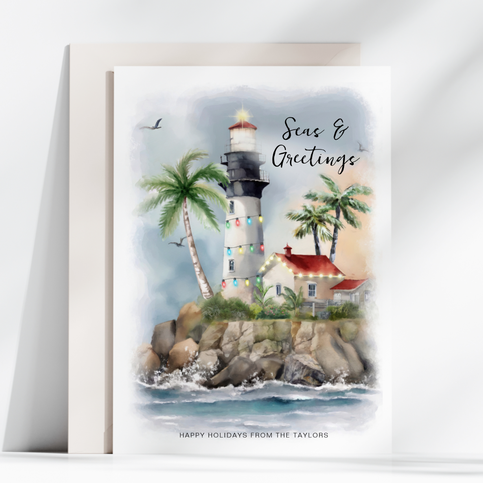 Seas & Greetings Coastal Christmas Card – Lighthouse & Palm Trees