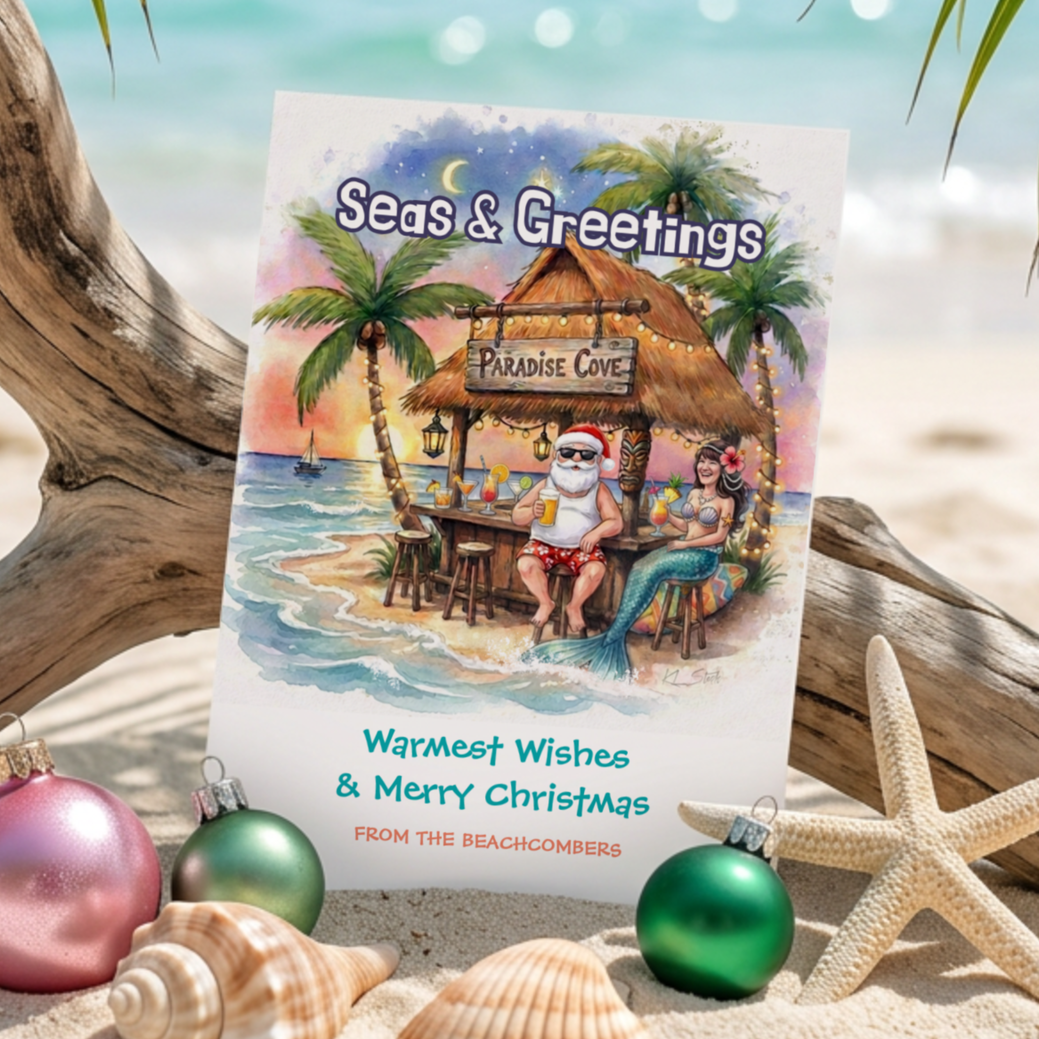 Watercolor tropical Christmas scene with Santa in Hawaiian shorts and a mermaid enjoying drinks at a festive tiki bar on a beach at twilight, with palm trees, sailboat and Christmas lights.