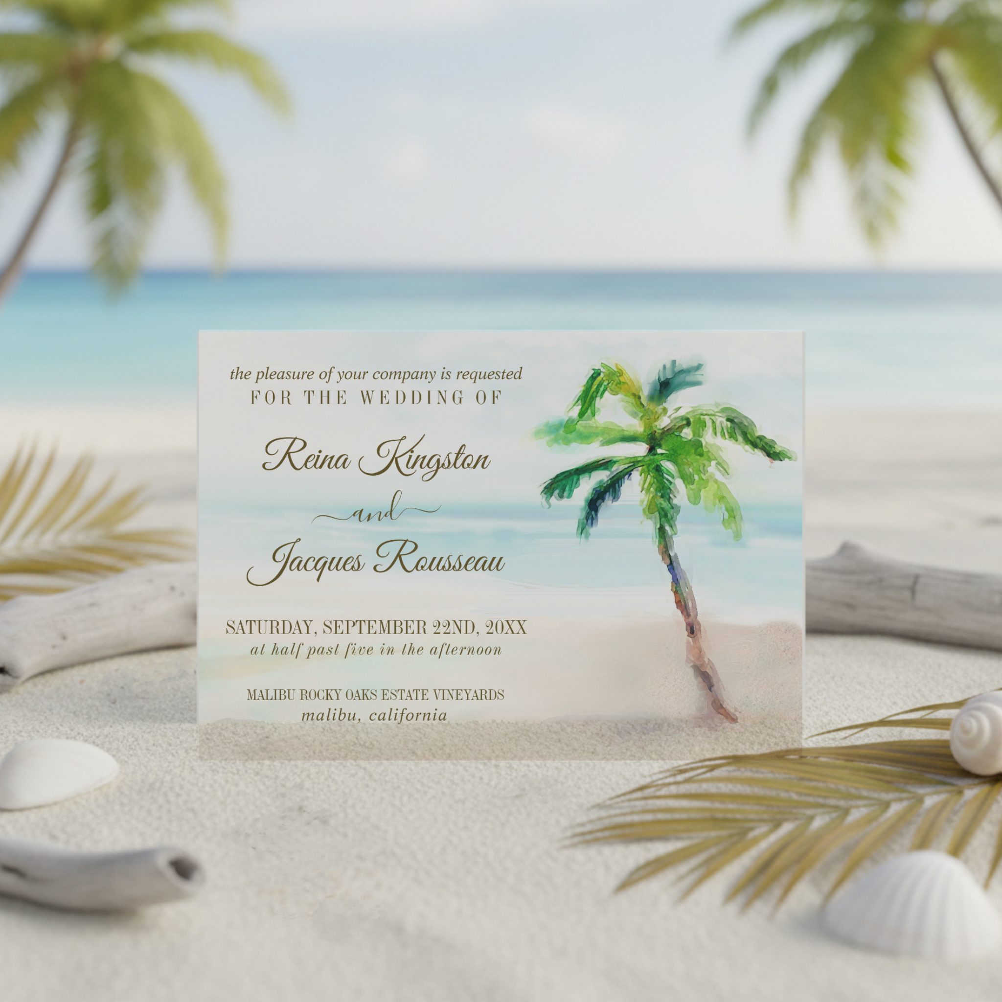 Tropical wedding invitation featuring a watercolor beach scene, turquoise ocean hues, and a graceful palm tree—perfect for coastal or destination celebrations.