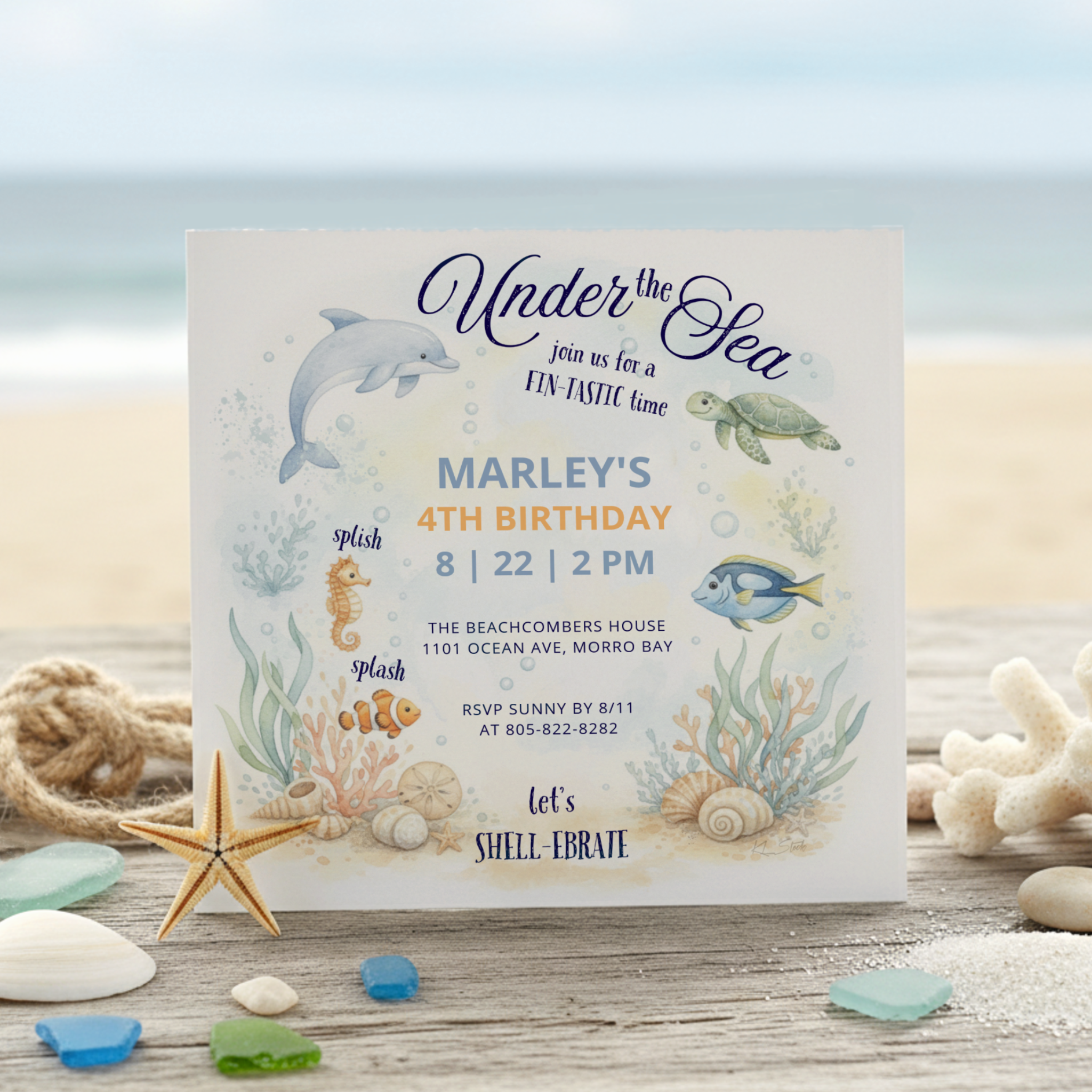 Square Under the Sea birthday invitation with watercolor dolphin, sea turtle, seahorse, tropical fish, coral reef, and swirly script in soft turquoise and coral tones.