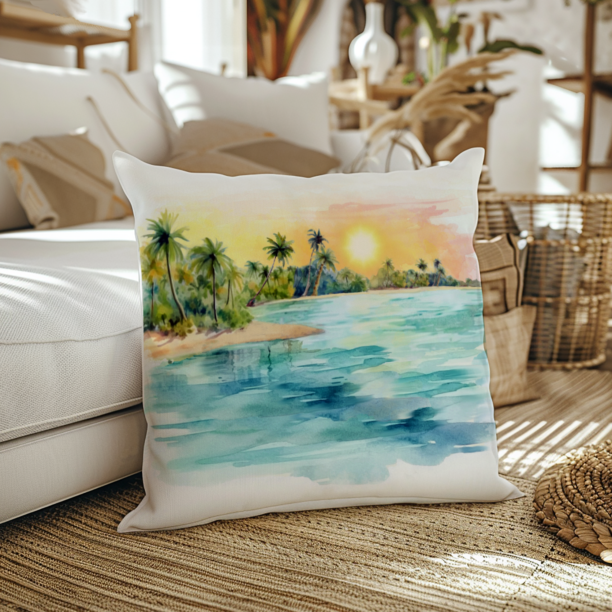 Paradise Island Tropical Beach Sunset & Palm Throw Pillow