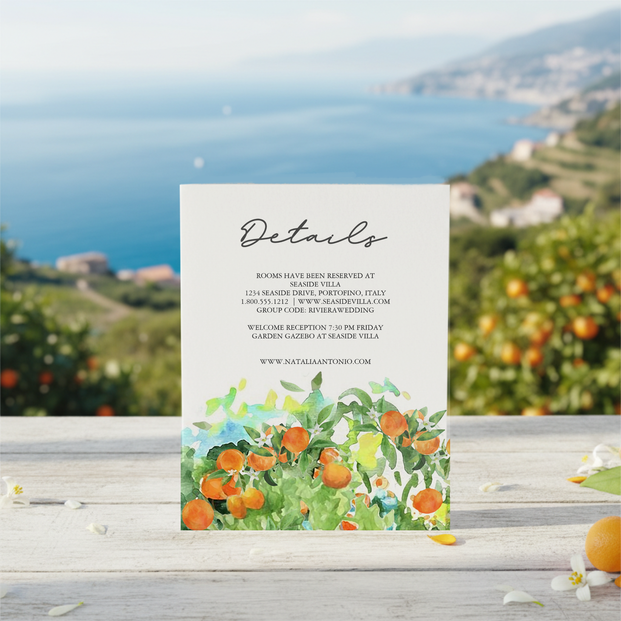 Share important wedding information (such as accommodations, travel and reception info) with this elegant Details card, featuring an abstract watercolor orange grove in warm citrus tones of orange, yellow, and soft green. The hand-painted design adds