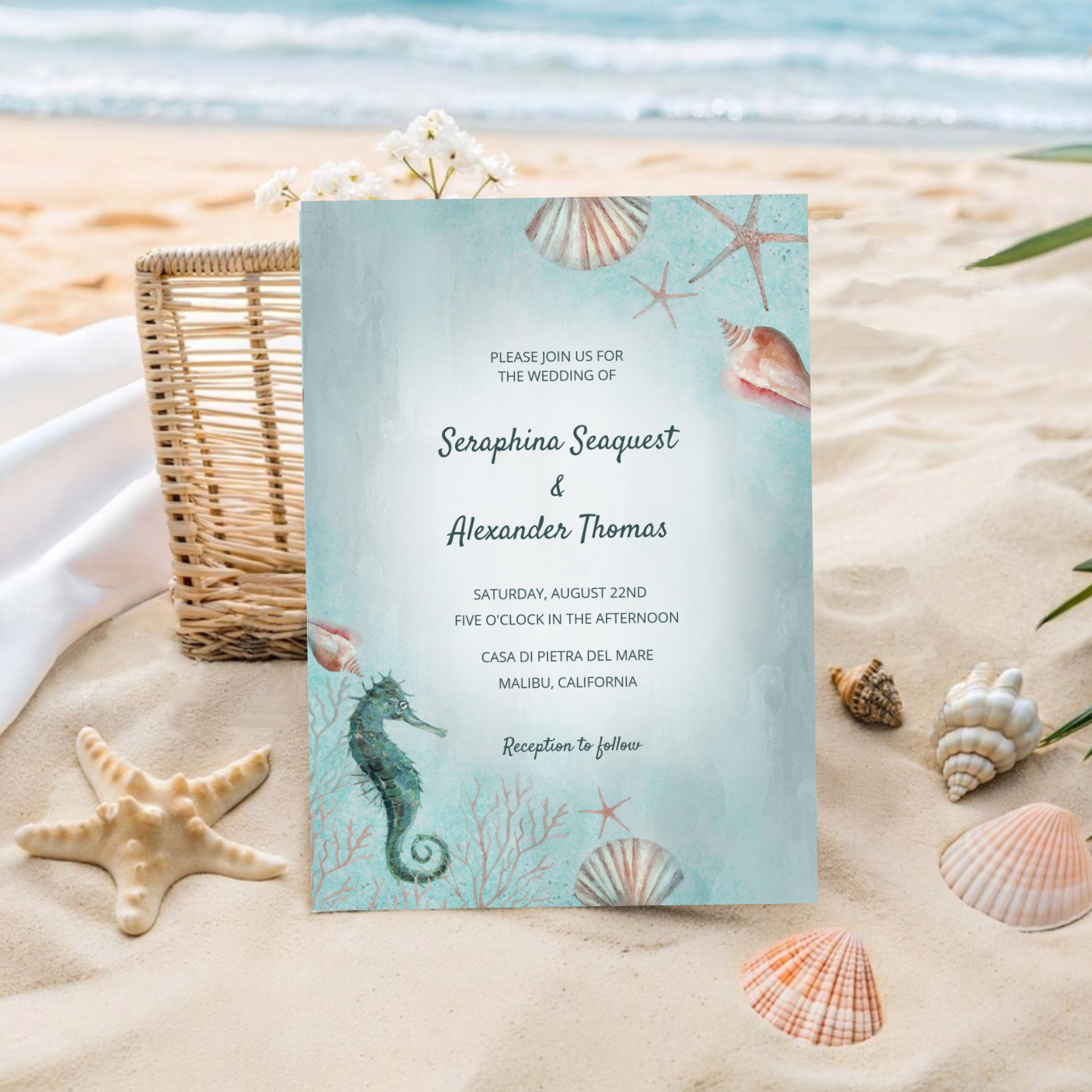 Elegant beach wedding invitation featuring watercolor ocean blues, seahorse artwork, seashells, and coral. Perfect for coastal, nautical, tropical, or destination wedding themes.