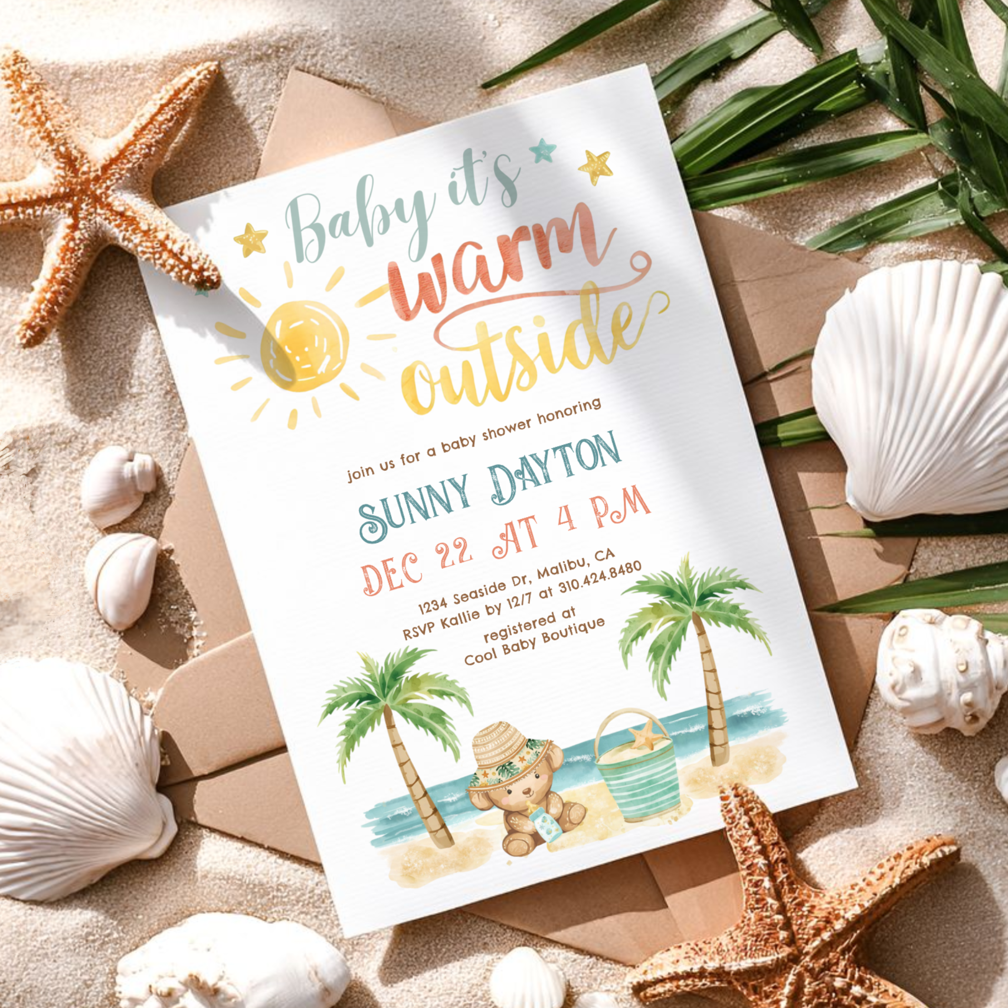 Baby its Warm Outside baby shower invitaiton featuring a watercolor sunny beach, palm trees, ocean waves and an adorable stuffed bear. Perfect for tropical and coastal theme celebrations