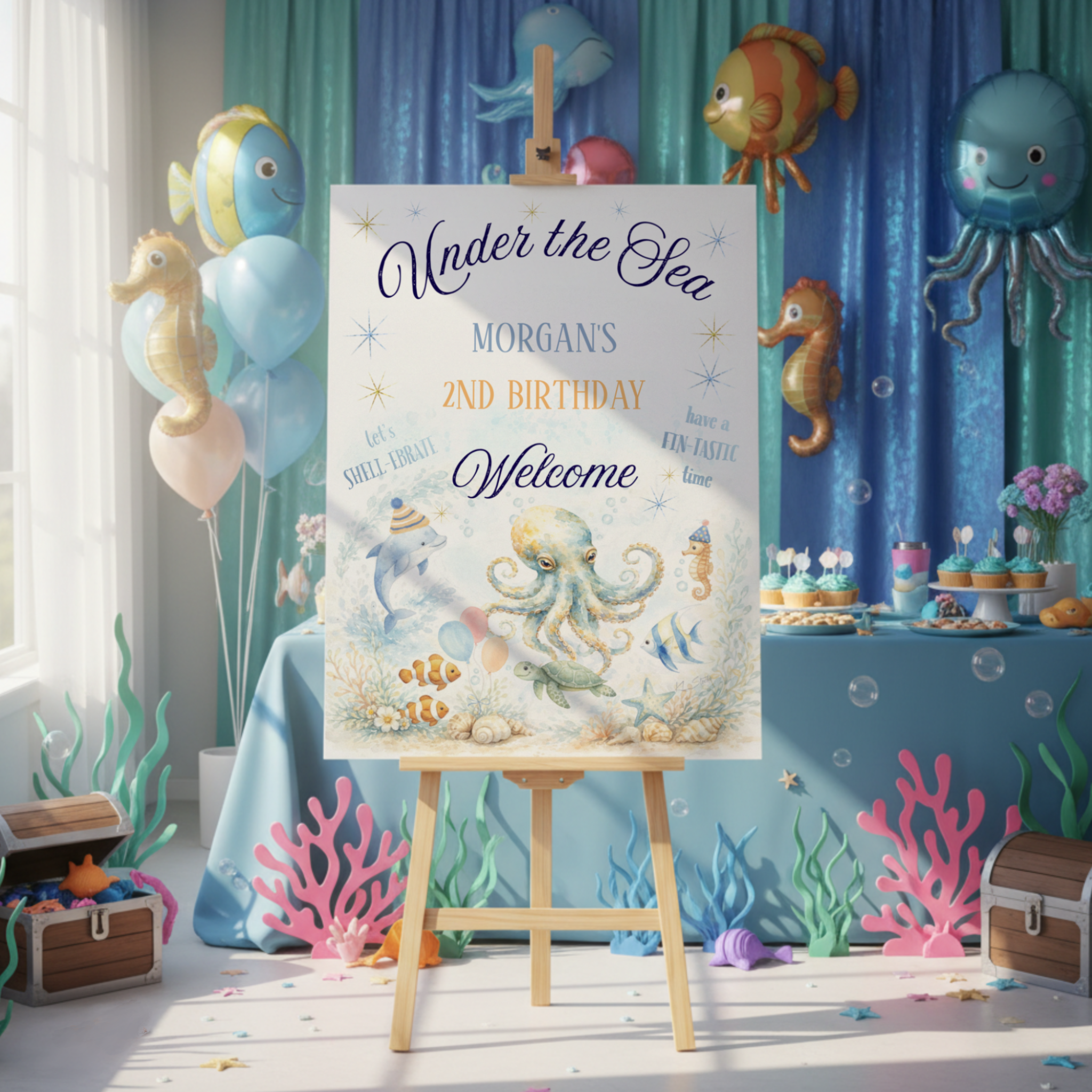 Whimsical Under the Sea birthday welcome sign featuring a watercolor octopus with dolphin, sea turtle, seahorse, and tropical fish in a soft coral reef scene. Filled with ocean blues, bubbles, and playful “let’s shell-ebrate” and “FINtastic time” acc