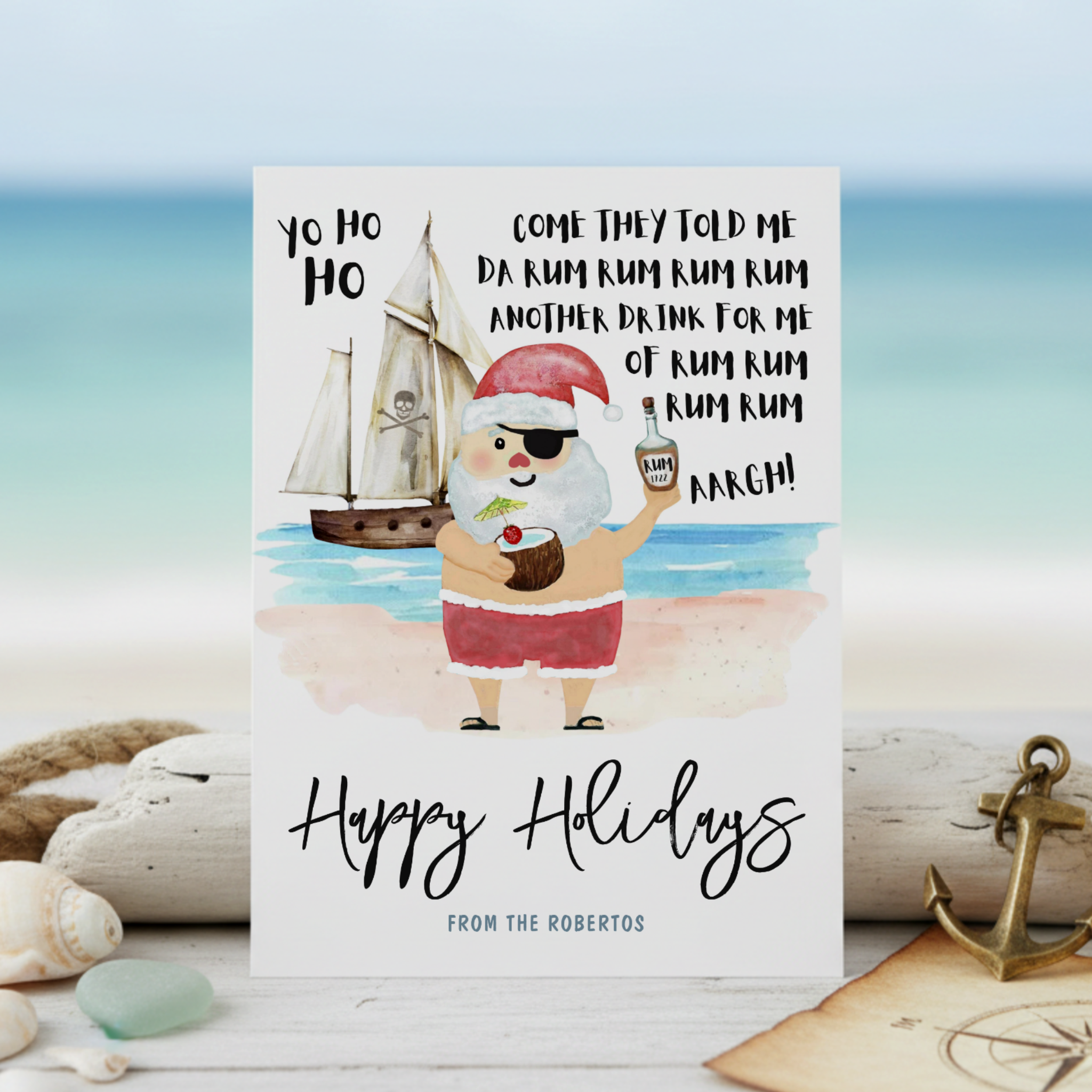 Nautical theme Christmas card with a pirate Santa and rum with lyrics that add a pirate twist to Little Drummer Boy