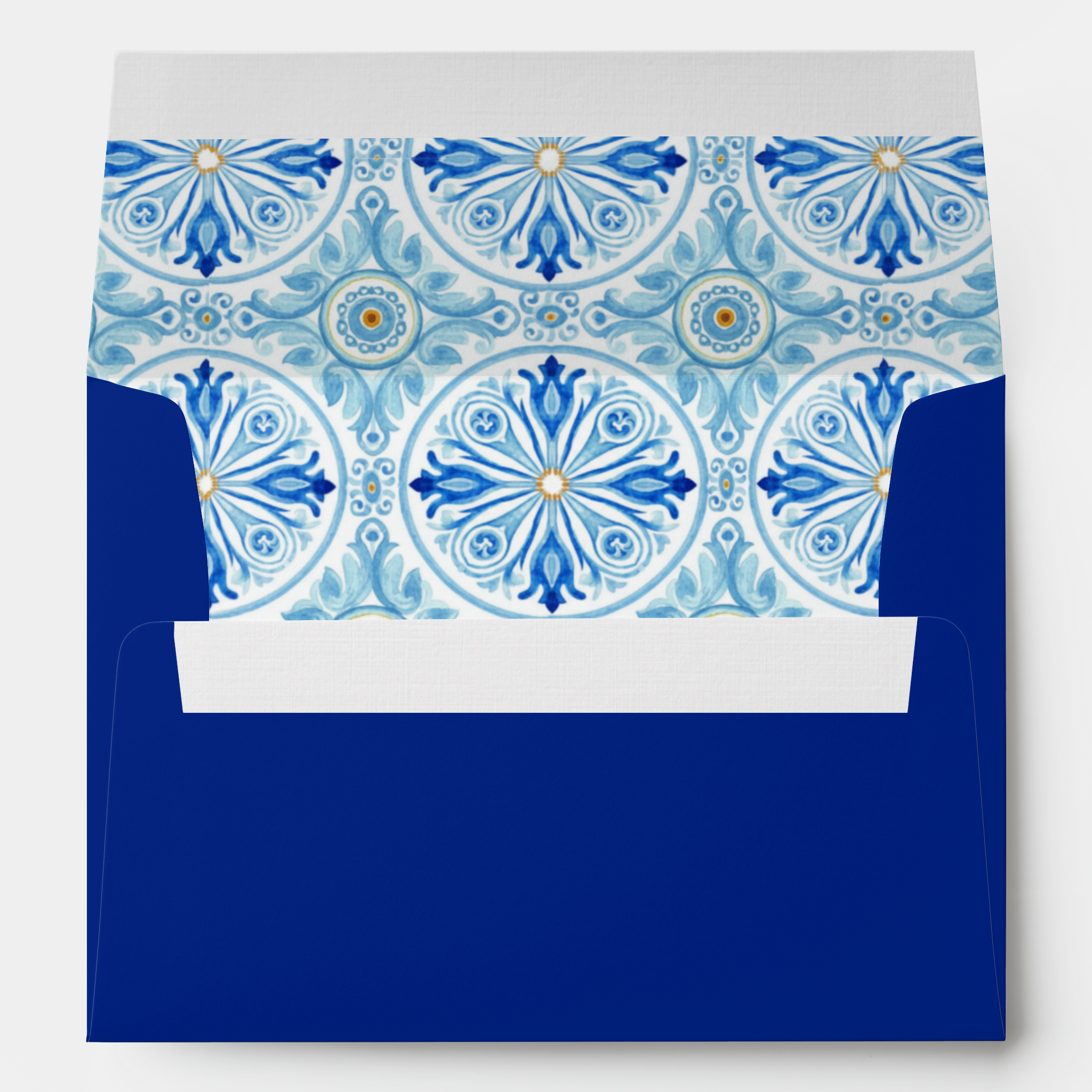 Deep cobalt blue wedding envelope that opens to reveal a Mediterranean tile pattern inside, with customizable names and return address on the back flap. For Amalfi coast and Italy destination weddings.
