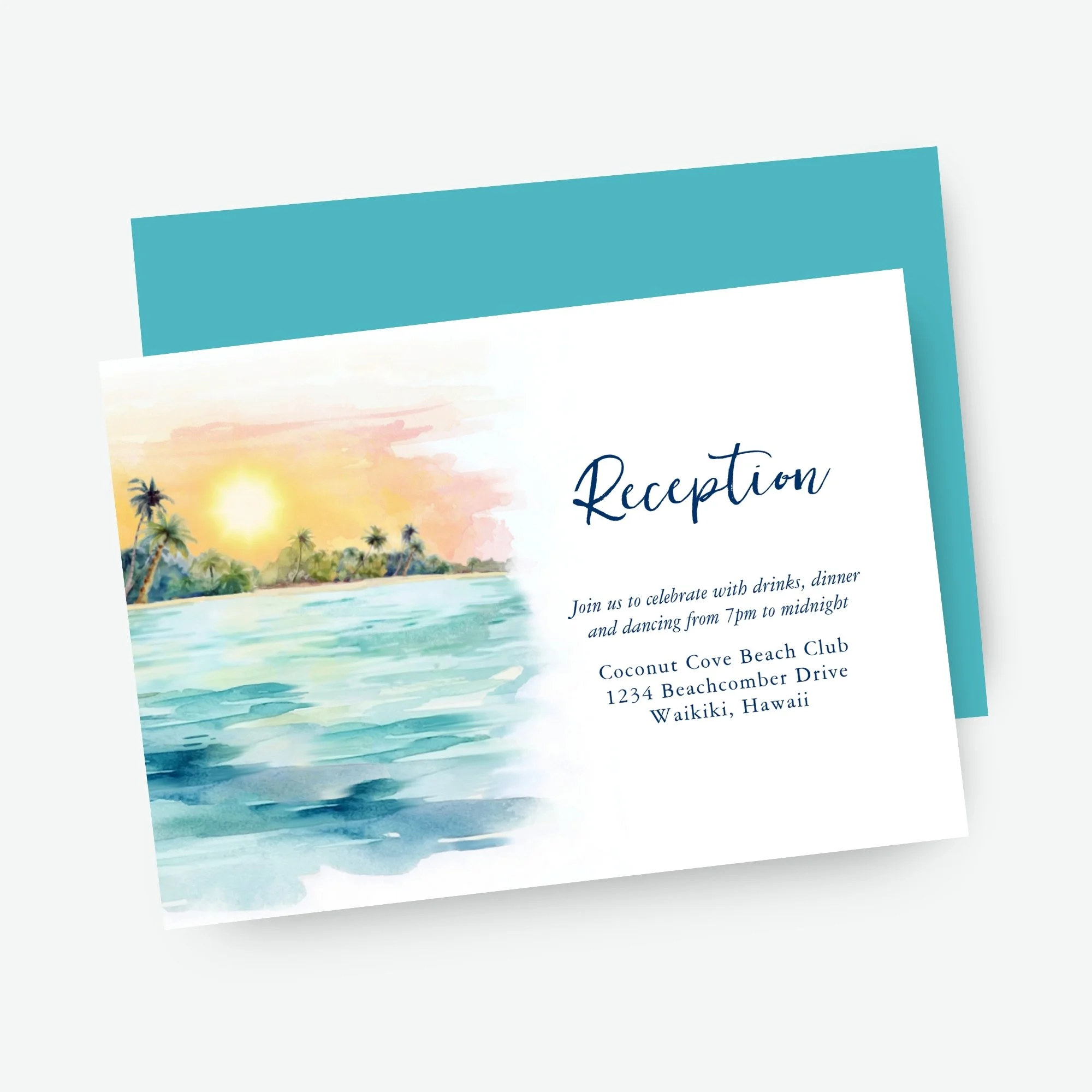Step into a tropical paradise and inform your guests of your wedding reception details with these island inspired enclosure cards featuring a watercolor beach sunset, palm trees and tranquil turquoise ocean.