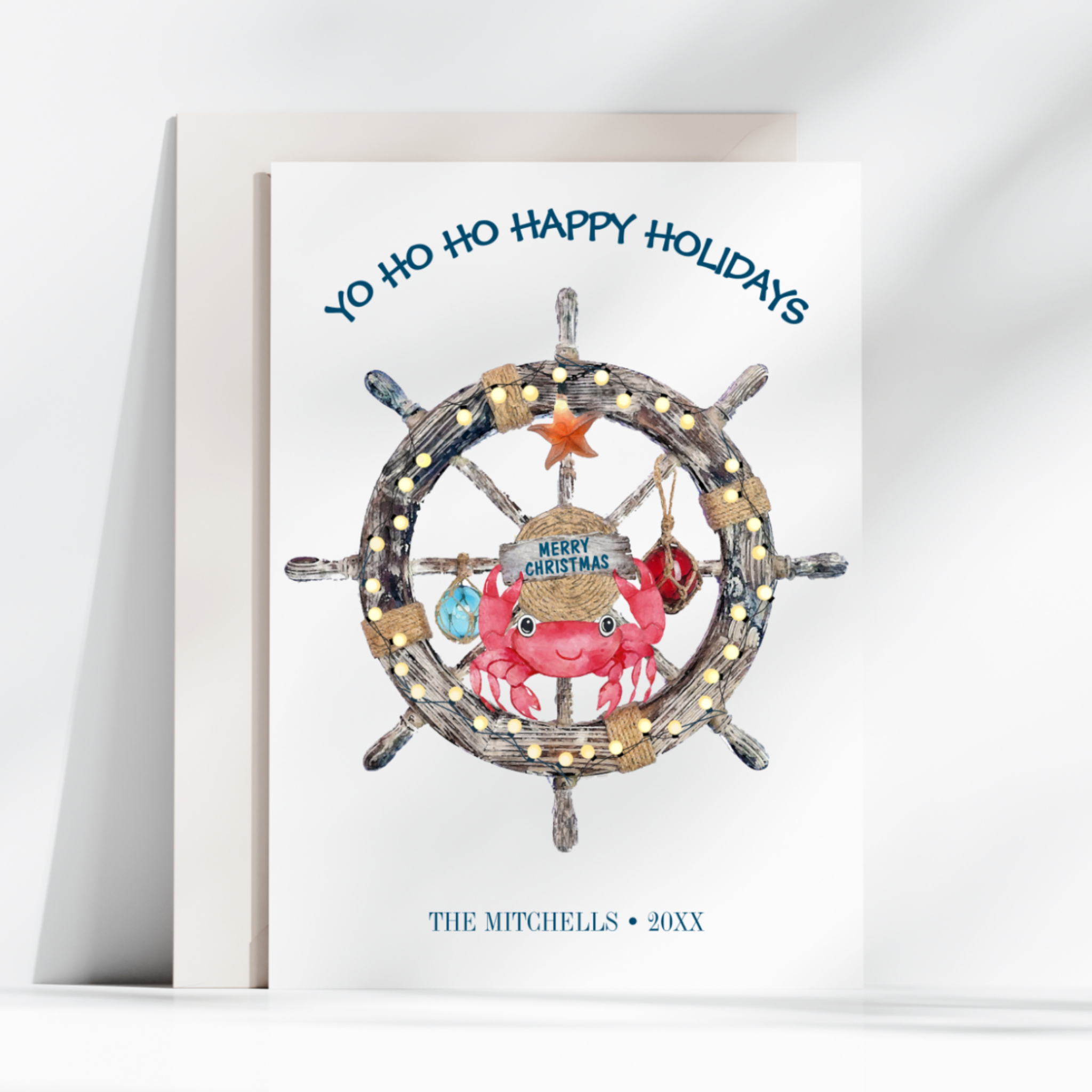 Ship Wheel & Crab Nautical Christmas Card