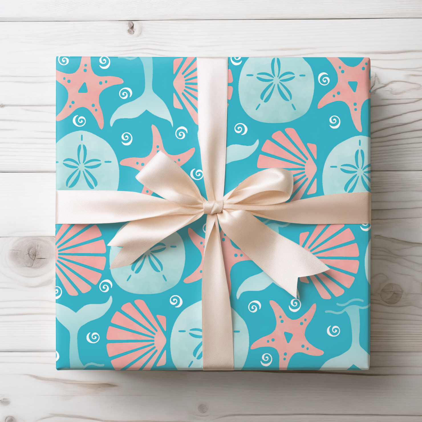 Turquoise Seashell & Whale Tail Gift Wrap