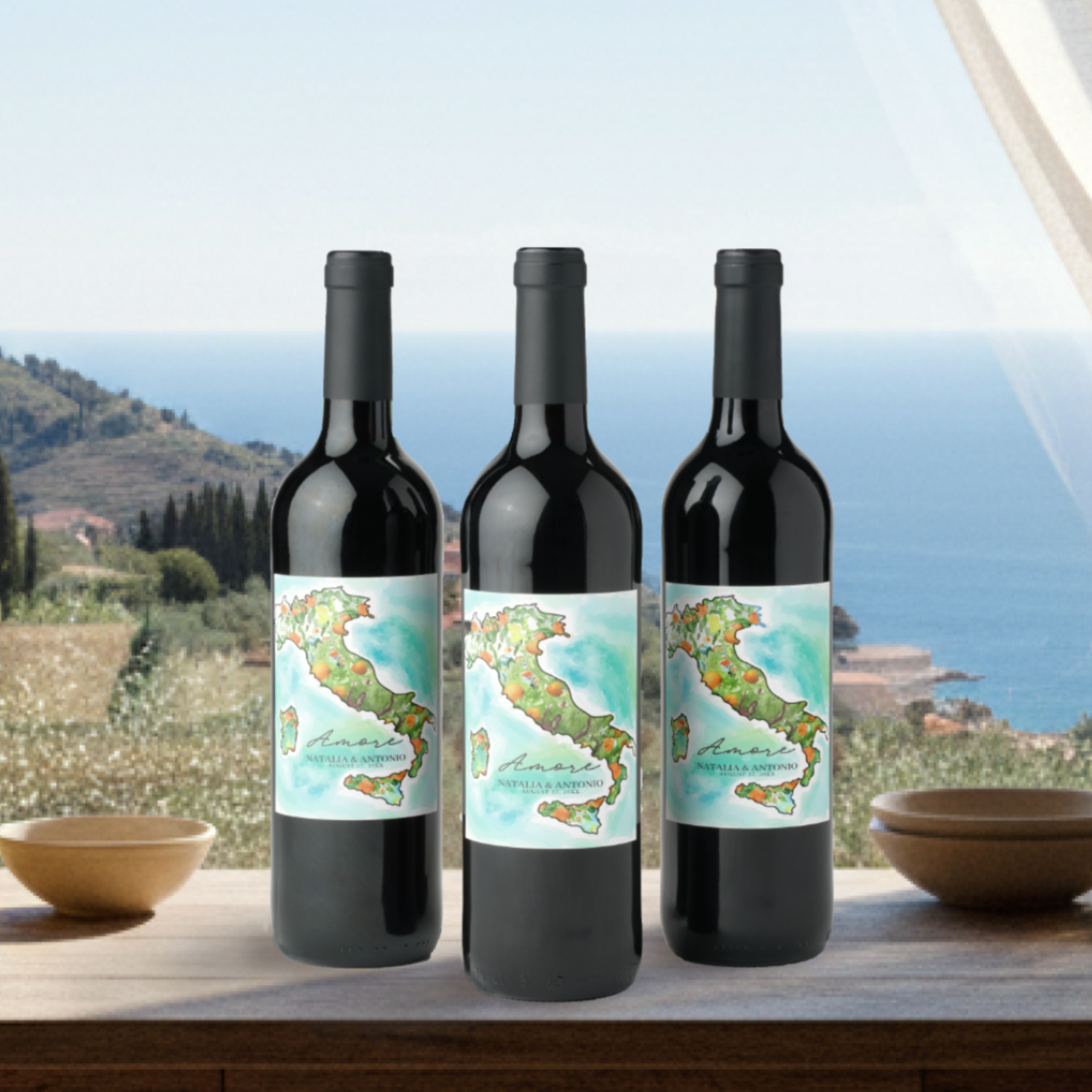 Celebrate la dolce vita with these Italian-inspired wine bottle labels, featuring a vibrant watercolor Italy-shaped artwork surrounded by a tranquil turquoise sea. The design blends romantic coastal charm with hand-painted citrus and botanical textur
