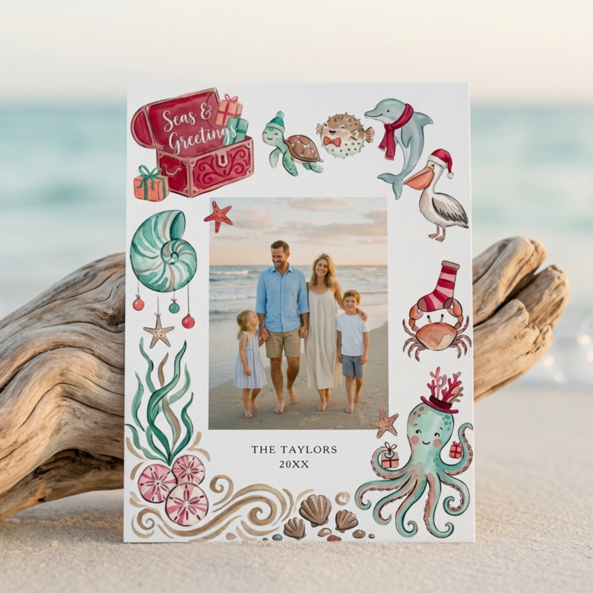 Ocean animals coastal custom photo Christmas card